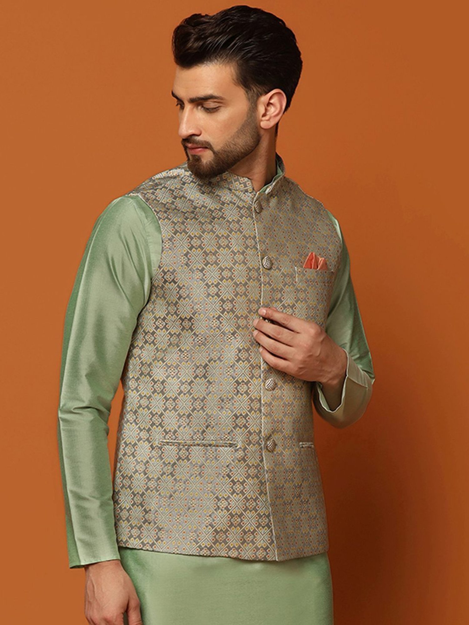 KISAH Grey Regular Fit Self Pattern Nehru Jacket