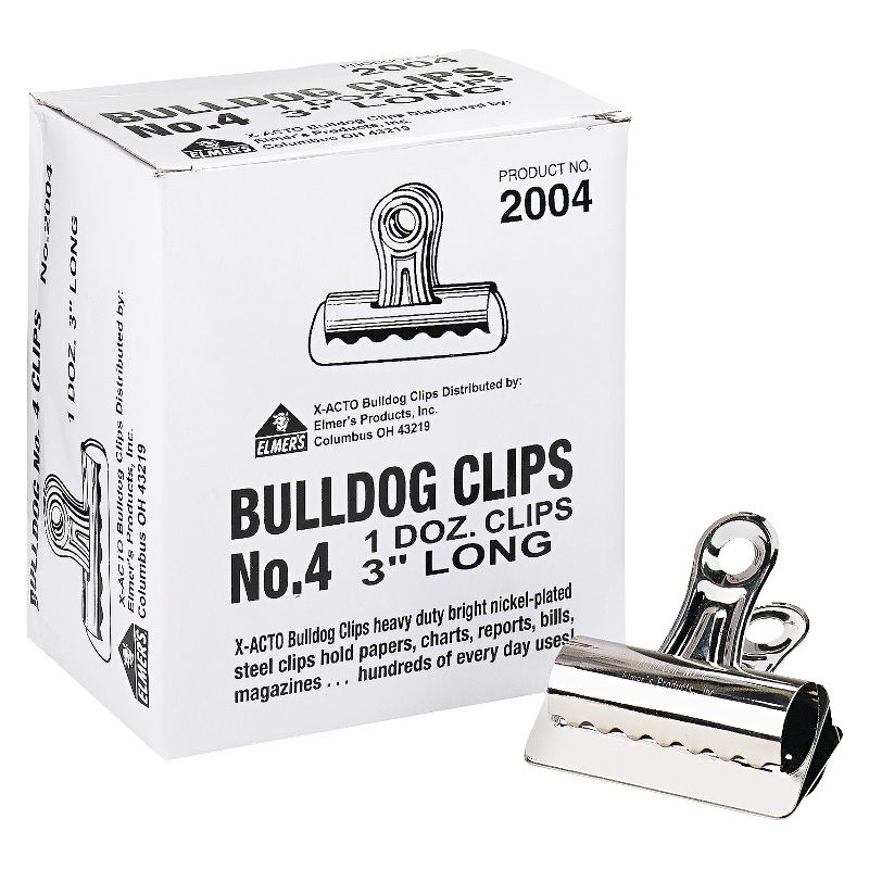 X-ACTO Bulldog Clips, Steel, 1" Capacity, 3"w, Nickel-Plated, 12 per Box