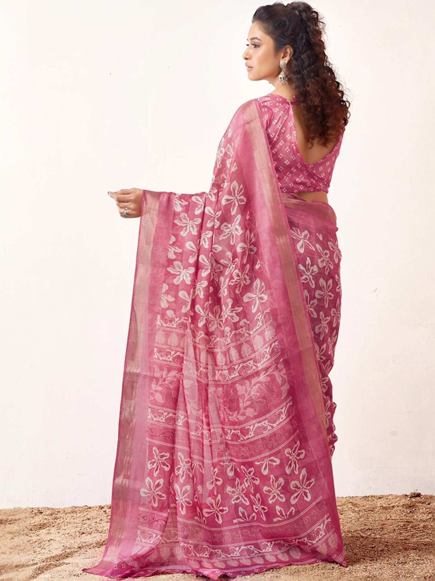 Satrani Pink Floral Print Saree With Unstitched Blouse