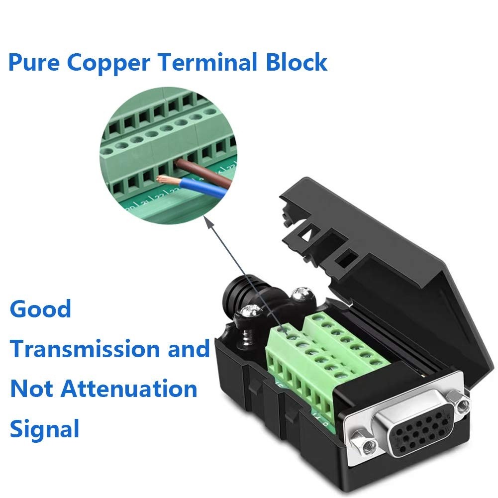 Jienk VGA DB15 3 Row Solderless Female Quick Connector 3+9 D-SUB 15 Pin Port Terminal Solderfree Breakout Connector Board with Case Accessories(2 Pack)