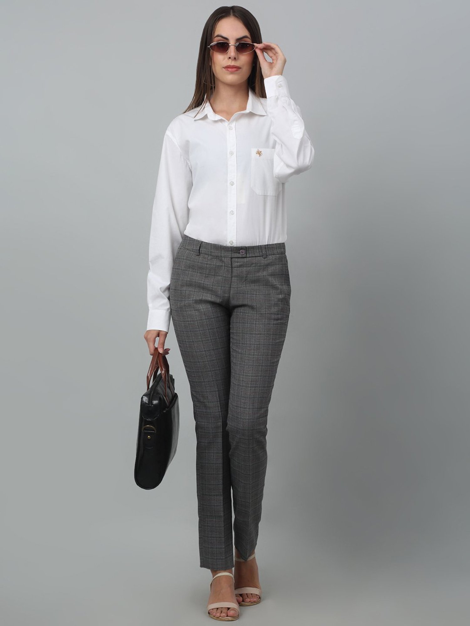 Crozo By Cantabil Black Checks Regular Fit Mid Rise Trousers