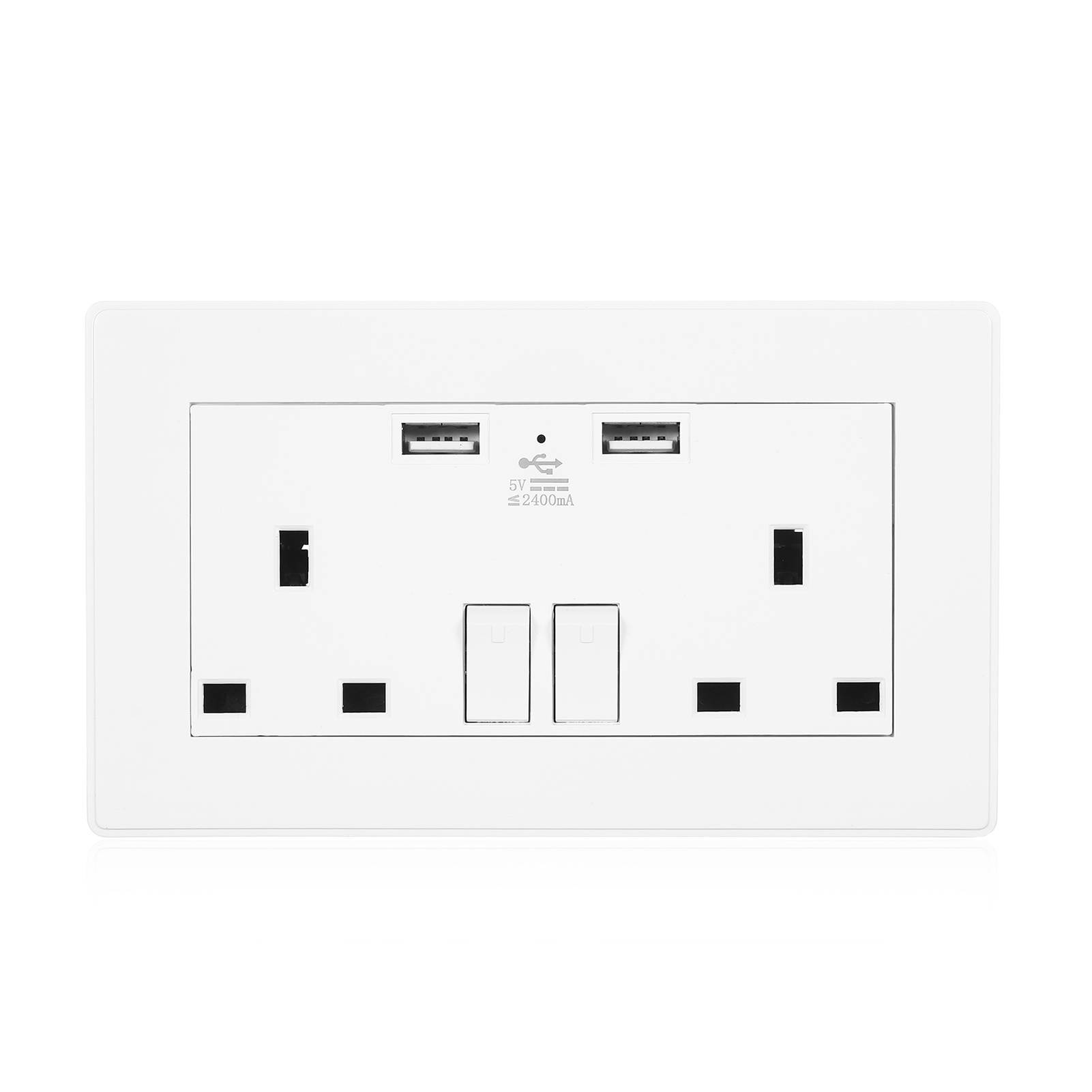 2 Gang 13A Outlet Individually Switched Dual Plug Socket with 2 USB Ports LED Indicator Light Wall Outlet UK Standard