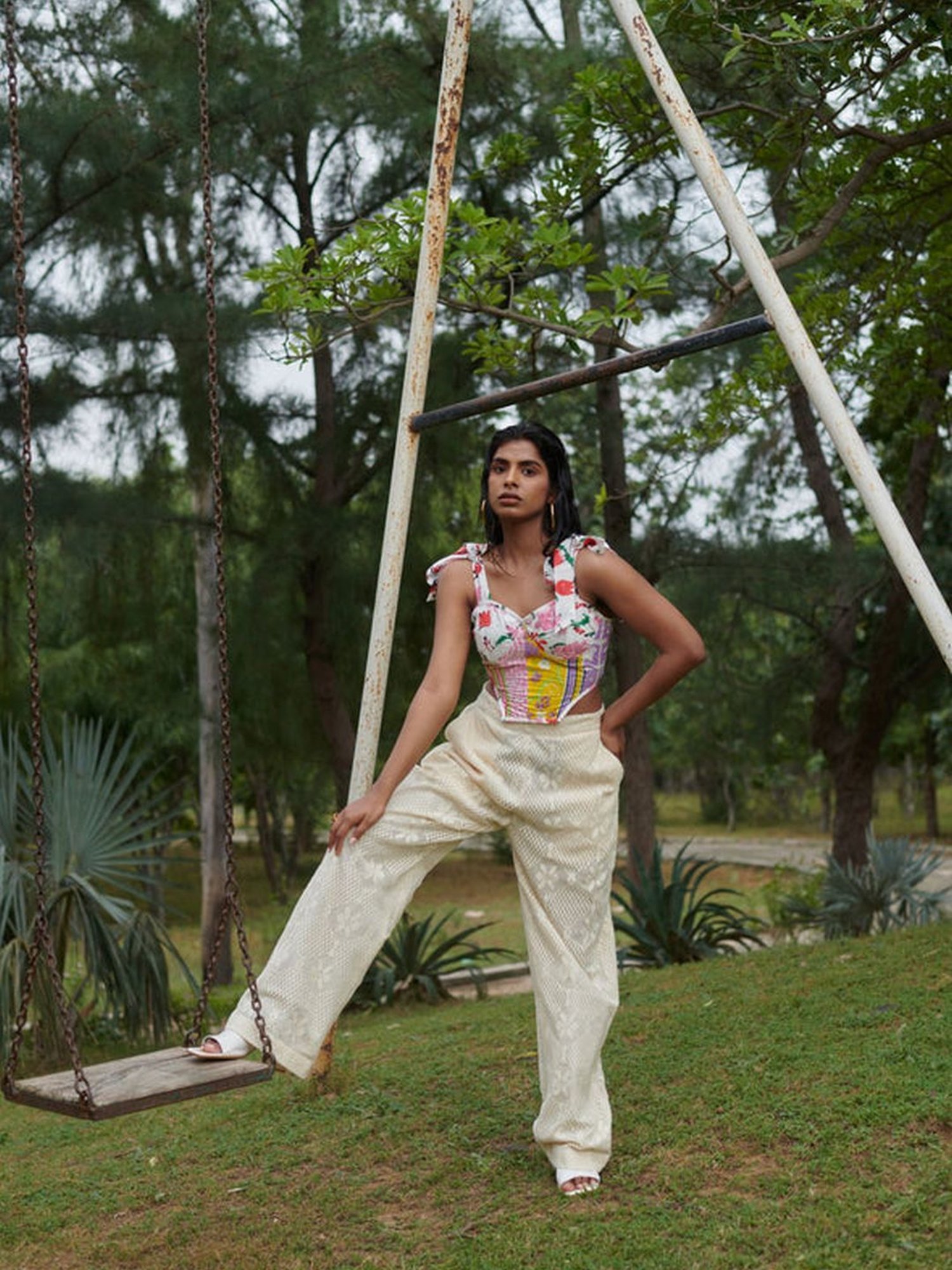 Khajoor Studio Beige Sundaze Farmland Crochet Wide Trousers