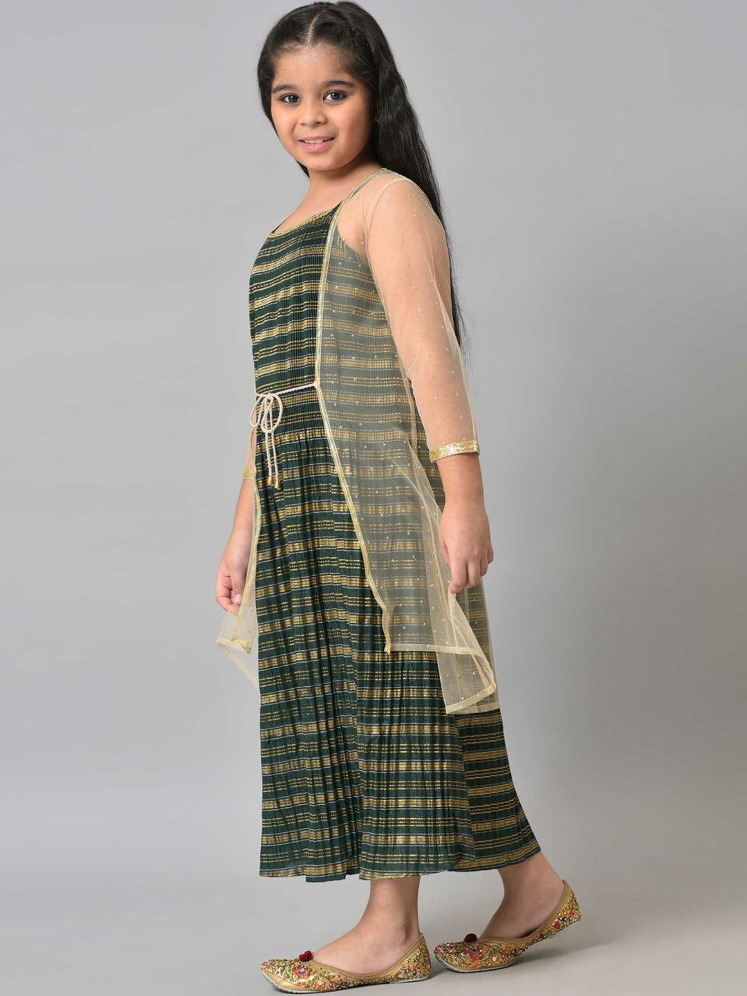 Aurelia Kids Green & Golden Printed Dress