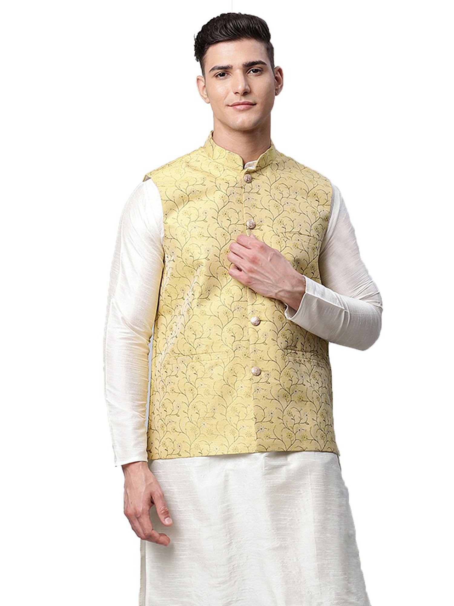 Jompers Yellow  Regular Fit Floral Print Nehru Jackets