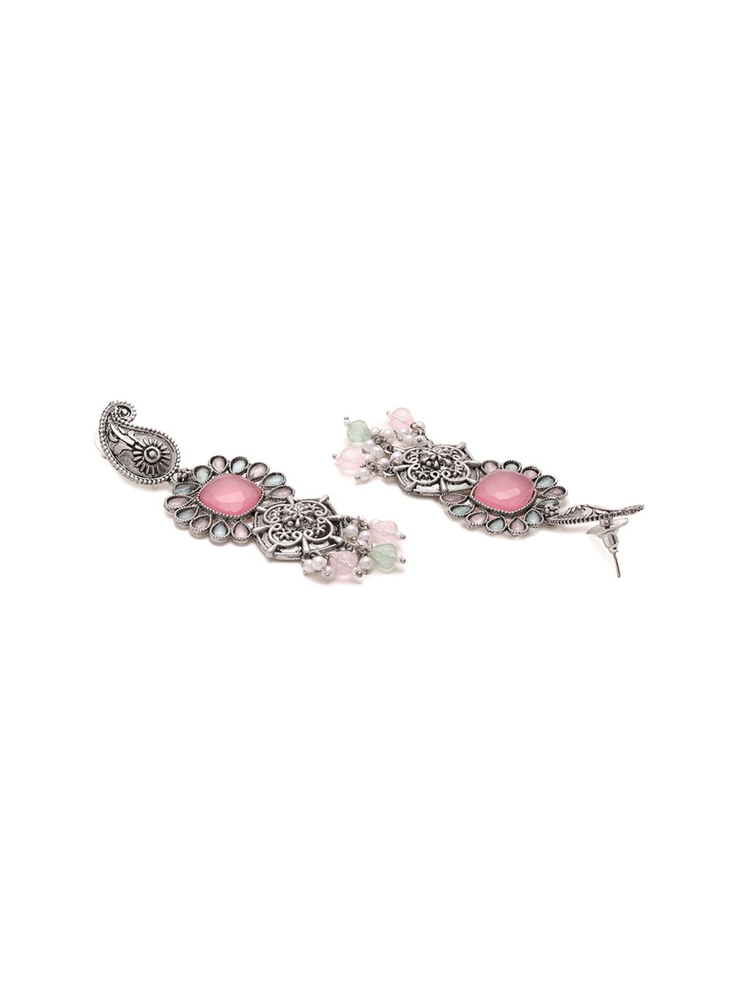 Priyaasi Mango Shaped Tribal Pink Stoned Dangler Earrings