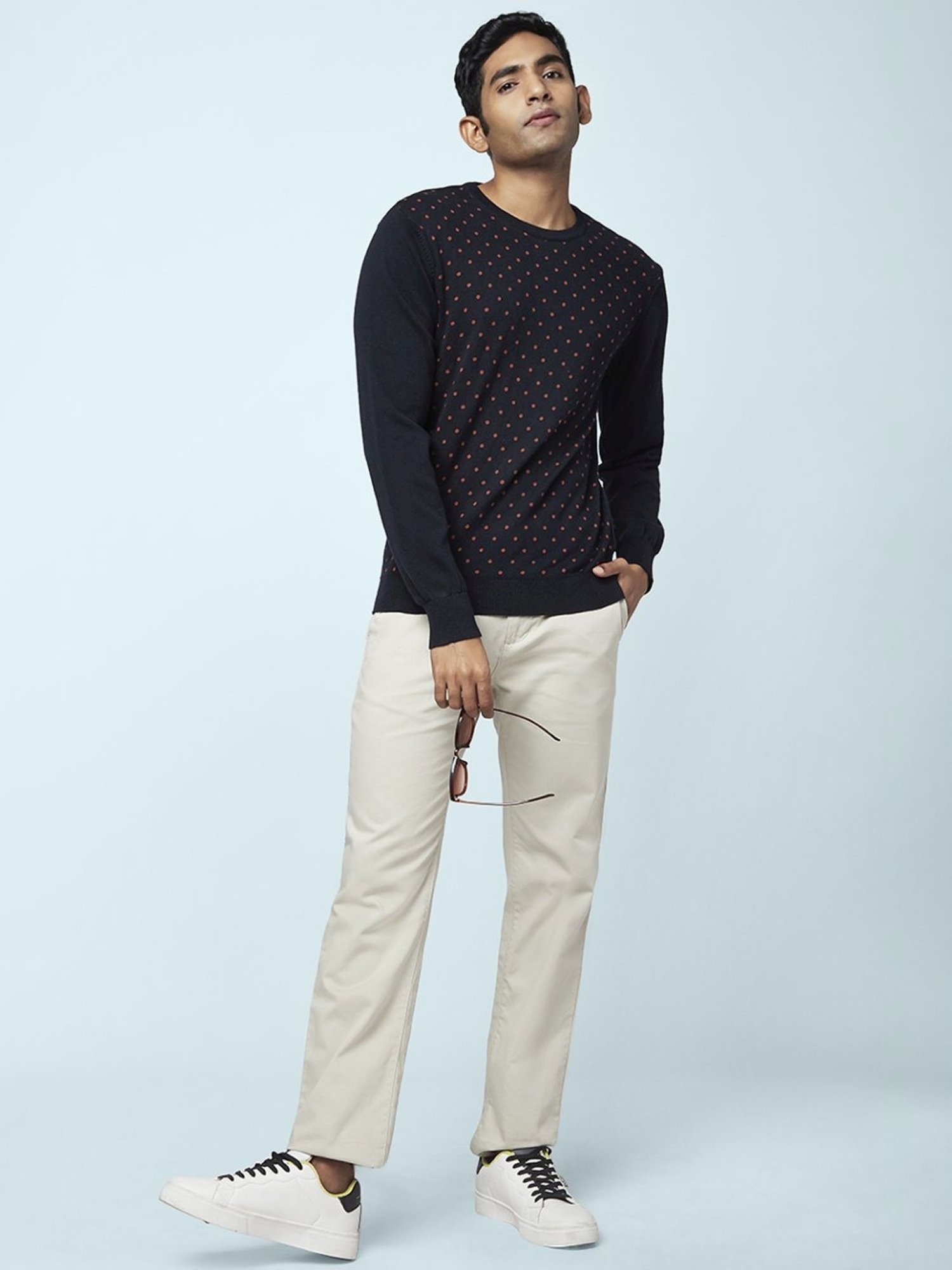 Byford By Pantaloons Navy Cotton Regular Fit Printed Sweaters