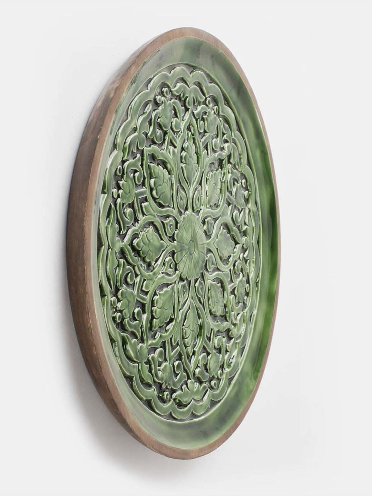 Fabindia Home Gulmohar Green Wood Hand Carved Wall Plate