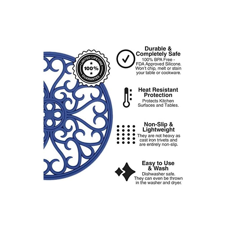 Slip Silicone Carved Trivet Mats Set For Dishes- Heat Resistant Coasters-Modern Kitchen Hot Pads For Pots & Pans | (Round, Set of 3, Navy Blue)