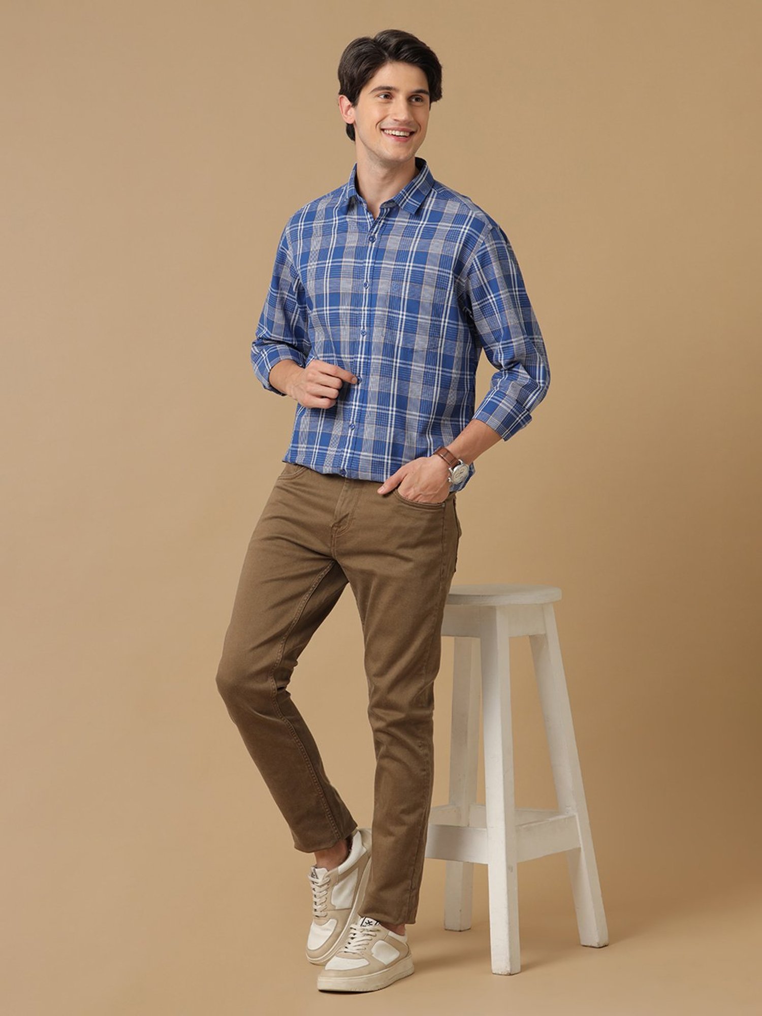 CAVALLO by Linen Club Blue Contemporary Fit Check Shirt