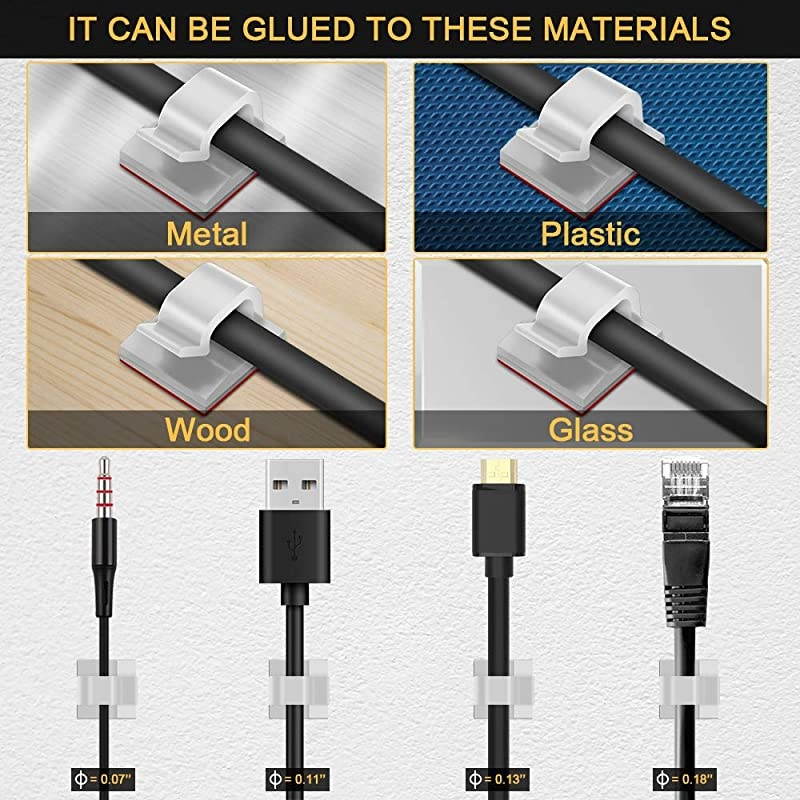 Self Adhesive Cable Clips Cable Management Wire Clip Cord Holder 100 Pack Model R White