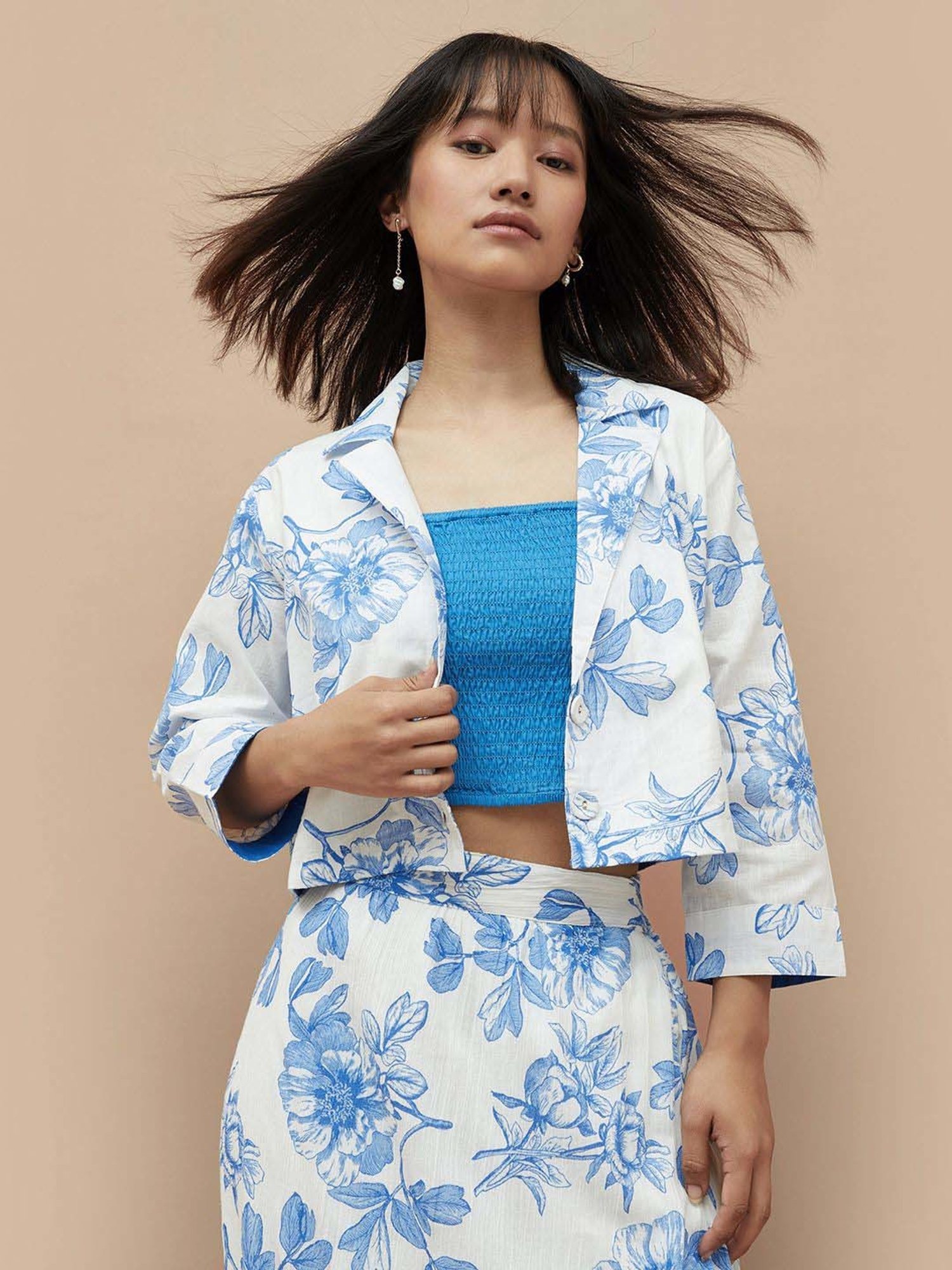 Colour Me by Melange Blue & White Cotton Printed Crop Top & Skirt Set With Jacket