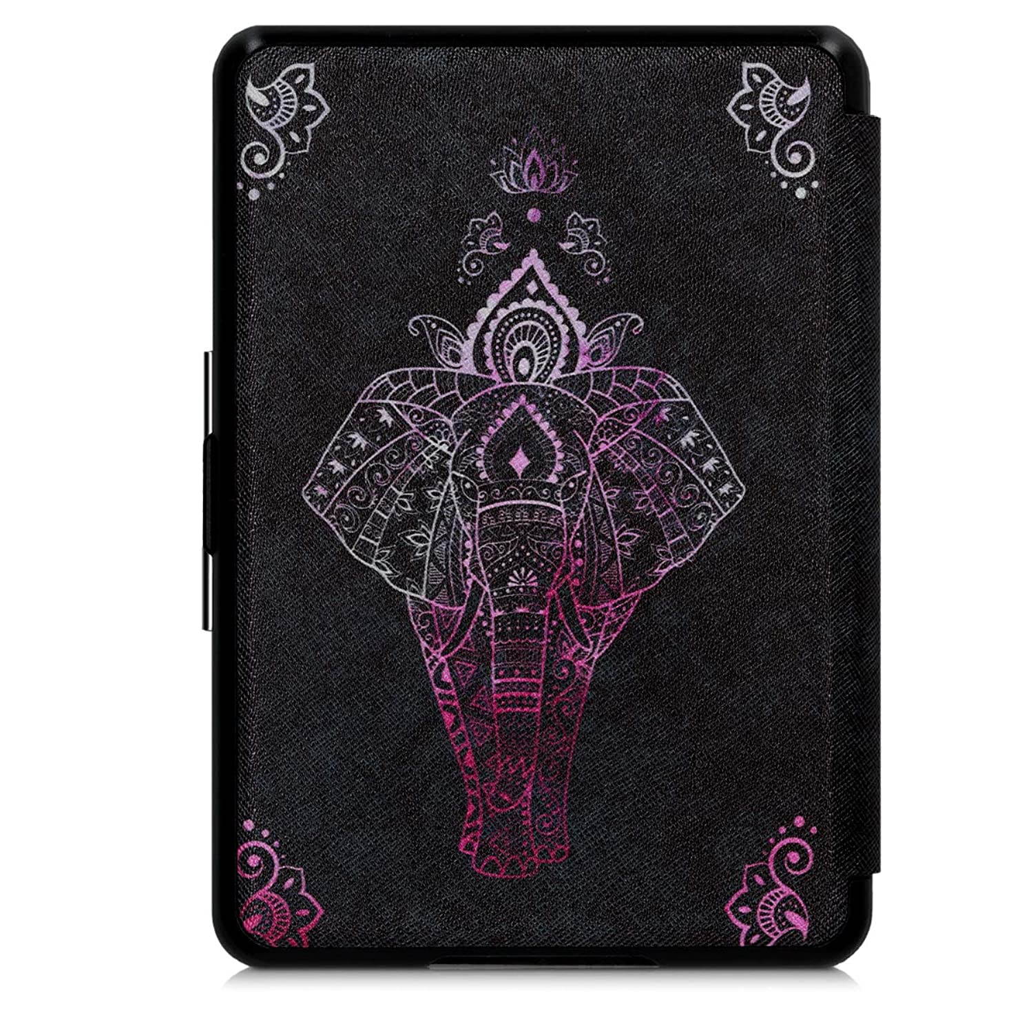 kwmobile Case Compatible with Amazon Kindle Paperwhite (10. Gen - 2018) - Book Style PU Leather e-Reader Cover - Elephant Sketch Dark Pink/Anthracite