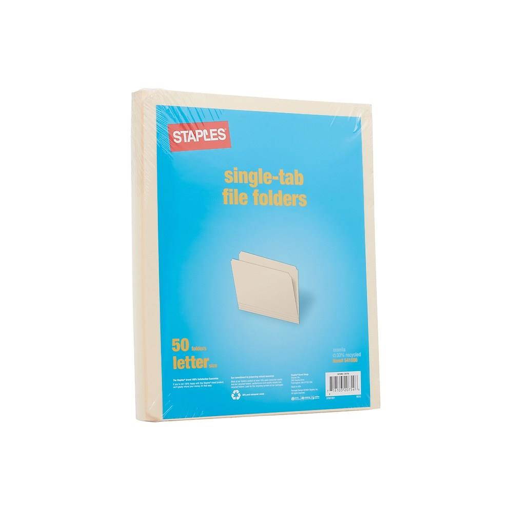 Staples Manila File Folders Single Tab Letter Straight Cut 50/Box 541086