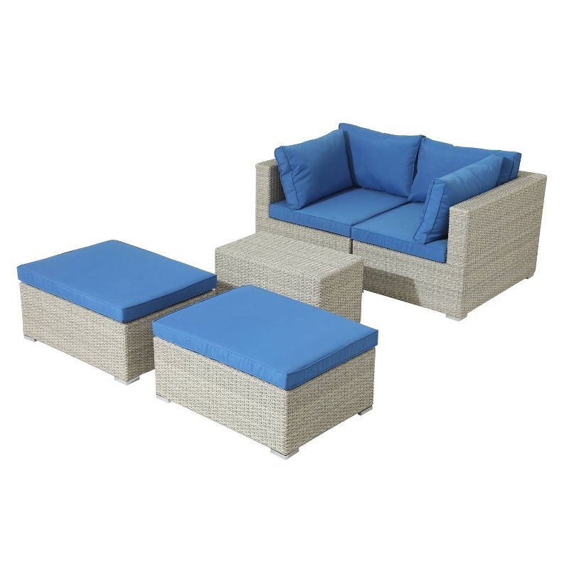 5pc Wicker Rattan Seating Set with Blue Cushions - Accent Furniture