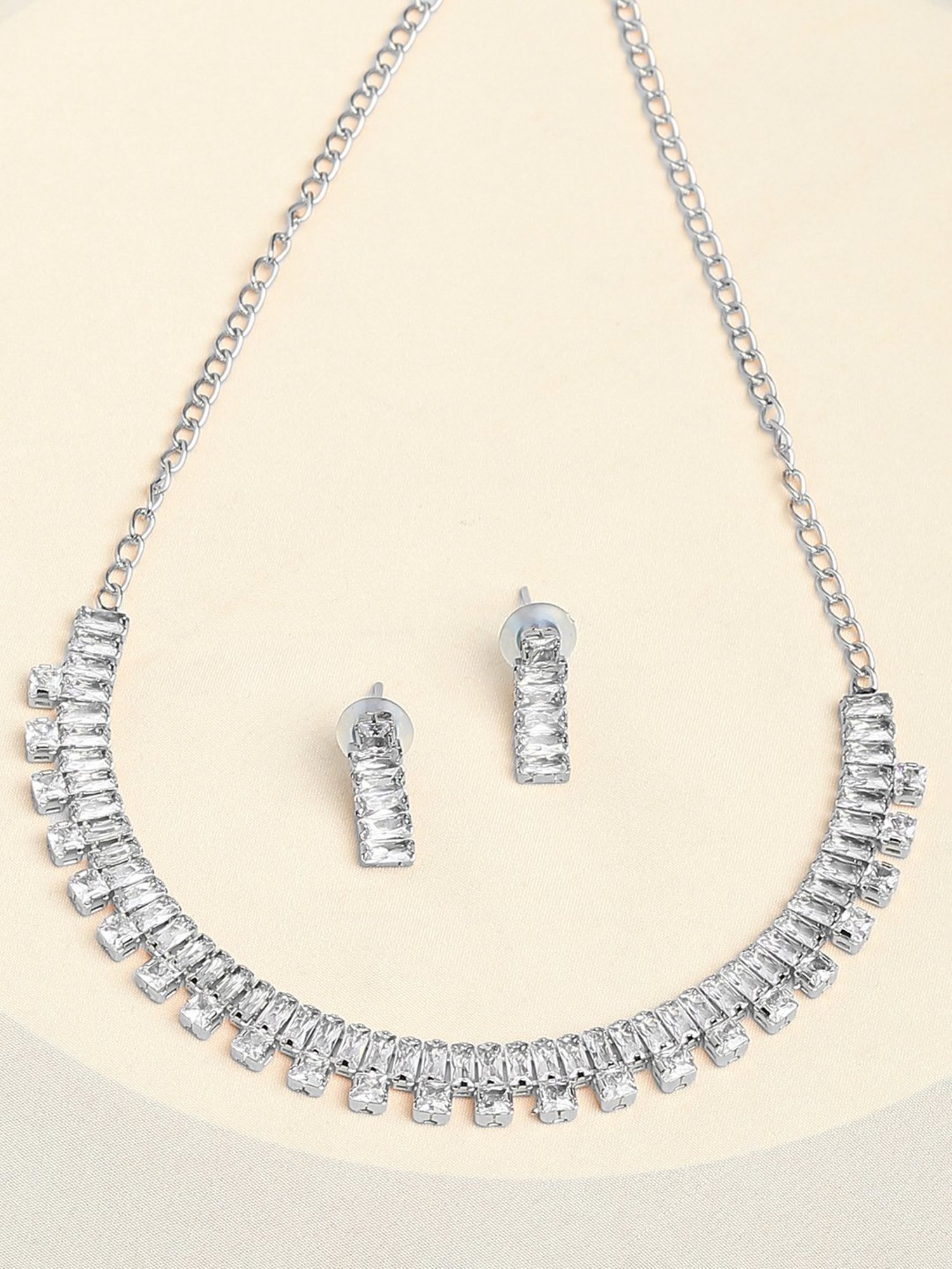 OOMPH Silver Tone American Diamond CZ Necklace Set with Earrings