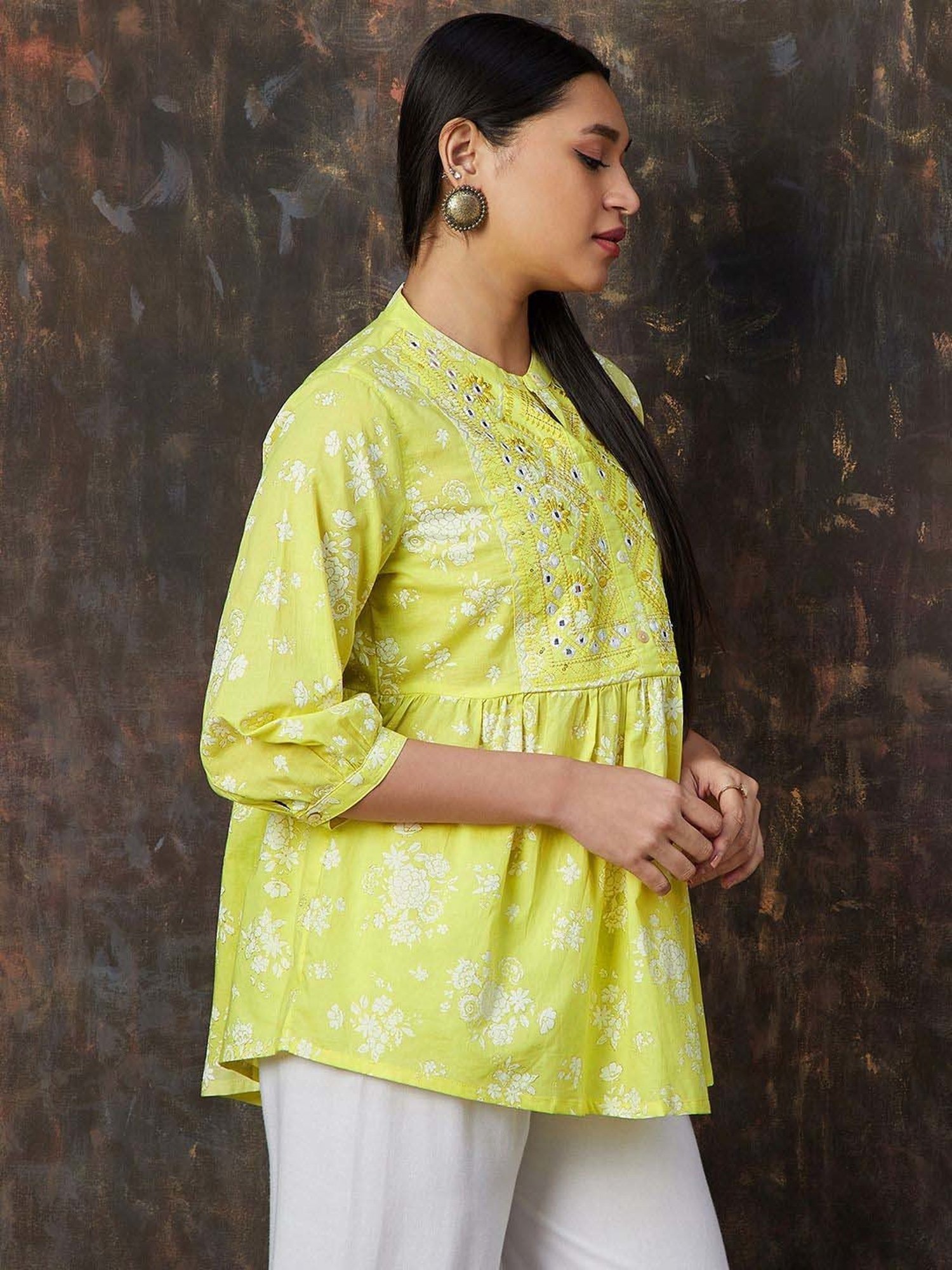 Melange by Lifestyle Yellow Cotton Embroidered Tunic
