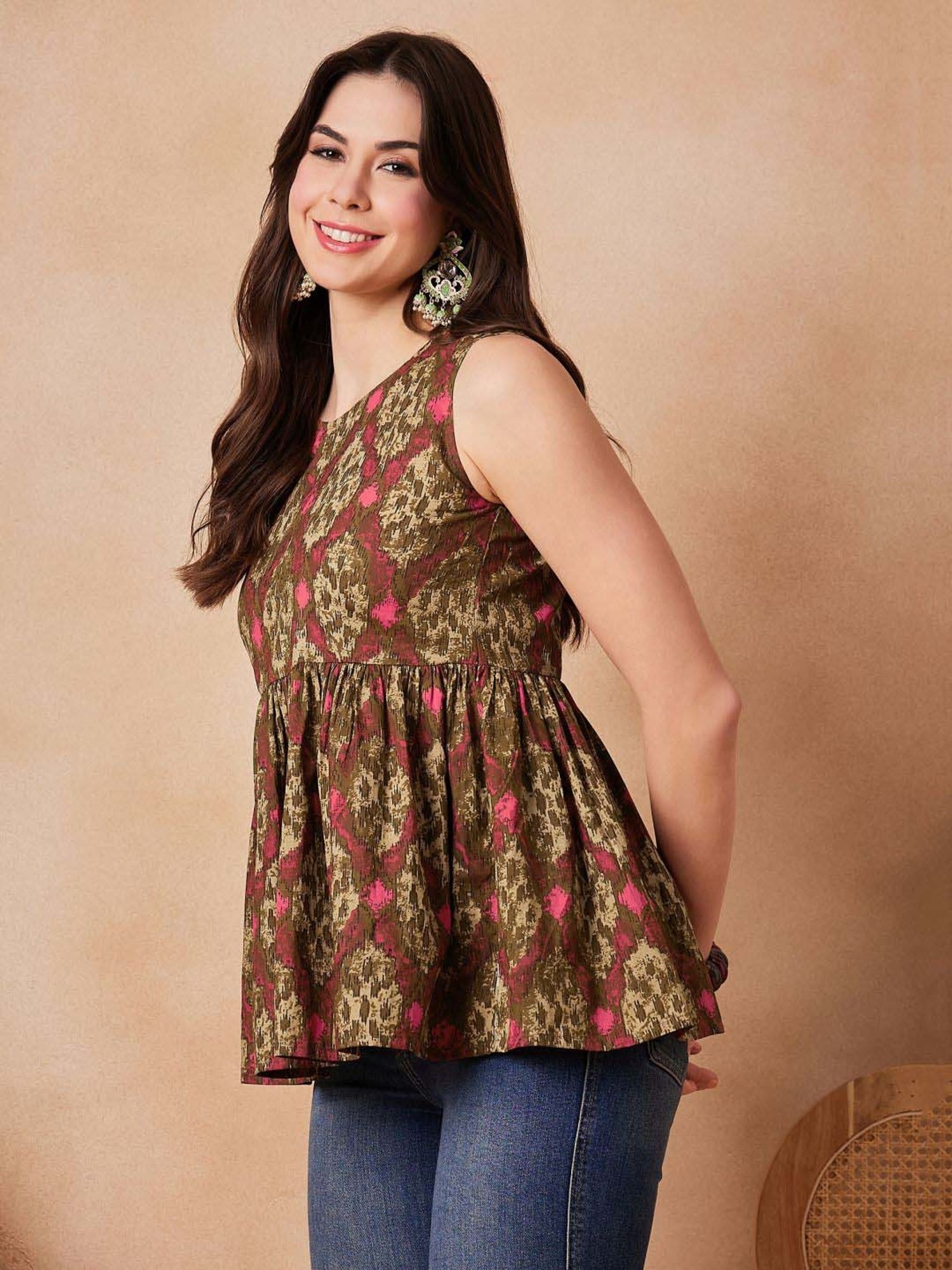 Inweave Olive Green & Maroon Cotton Printed Top