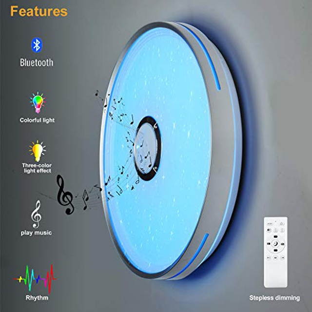 Horevo 36W Led Music Ceiling Light 2120LM with Bluetooth Speaker and Remote Control Color Change Light, Warm White / Cold White, 2800-6500 Kelvin for Children's Rooms Kids Room Bedroom