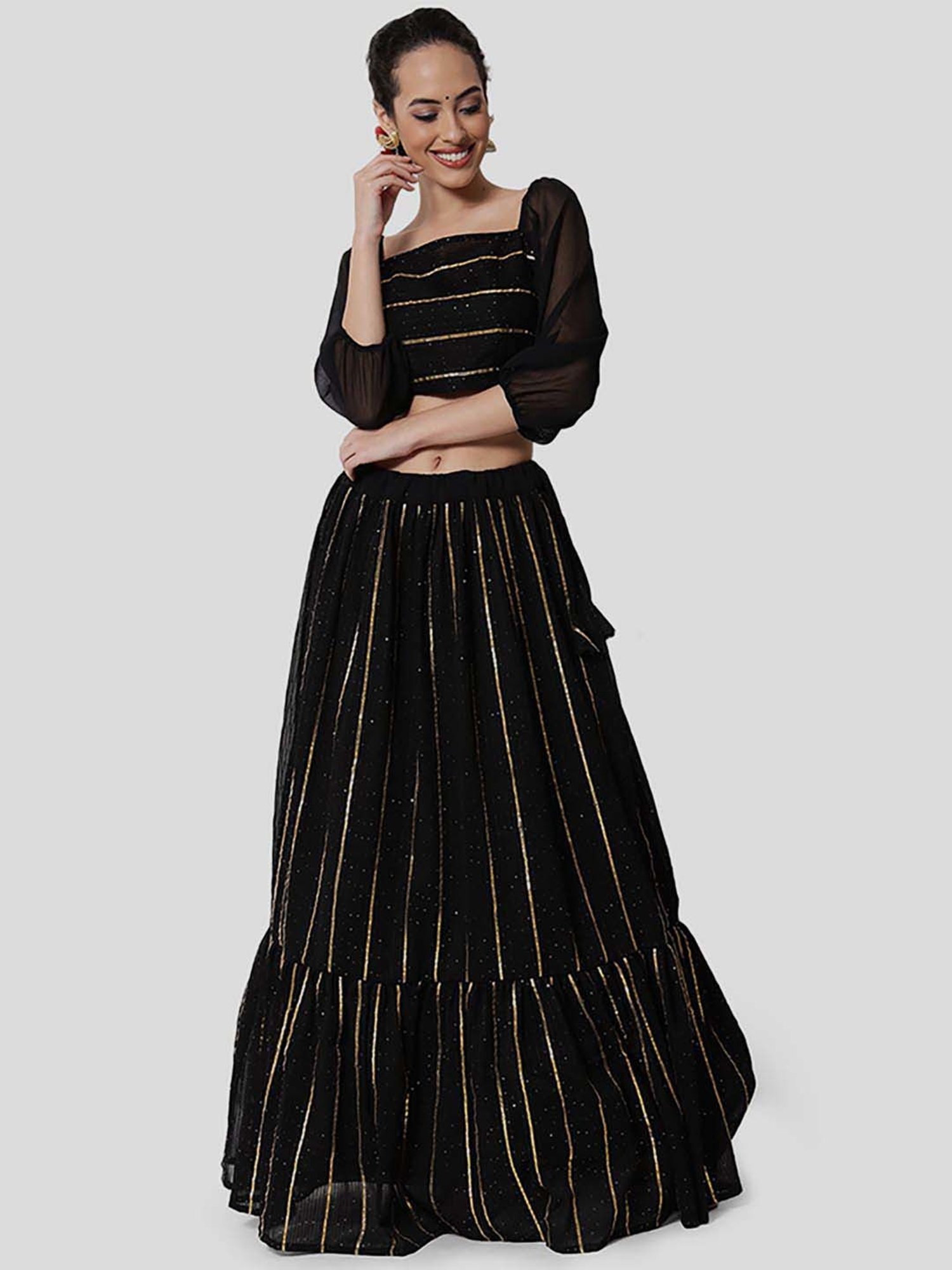 Georgette Linear Gota Embroidered Tiered Skirt with Can-Can