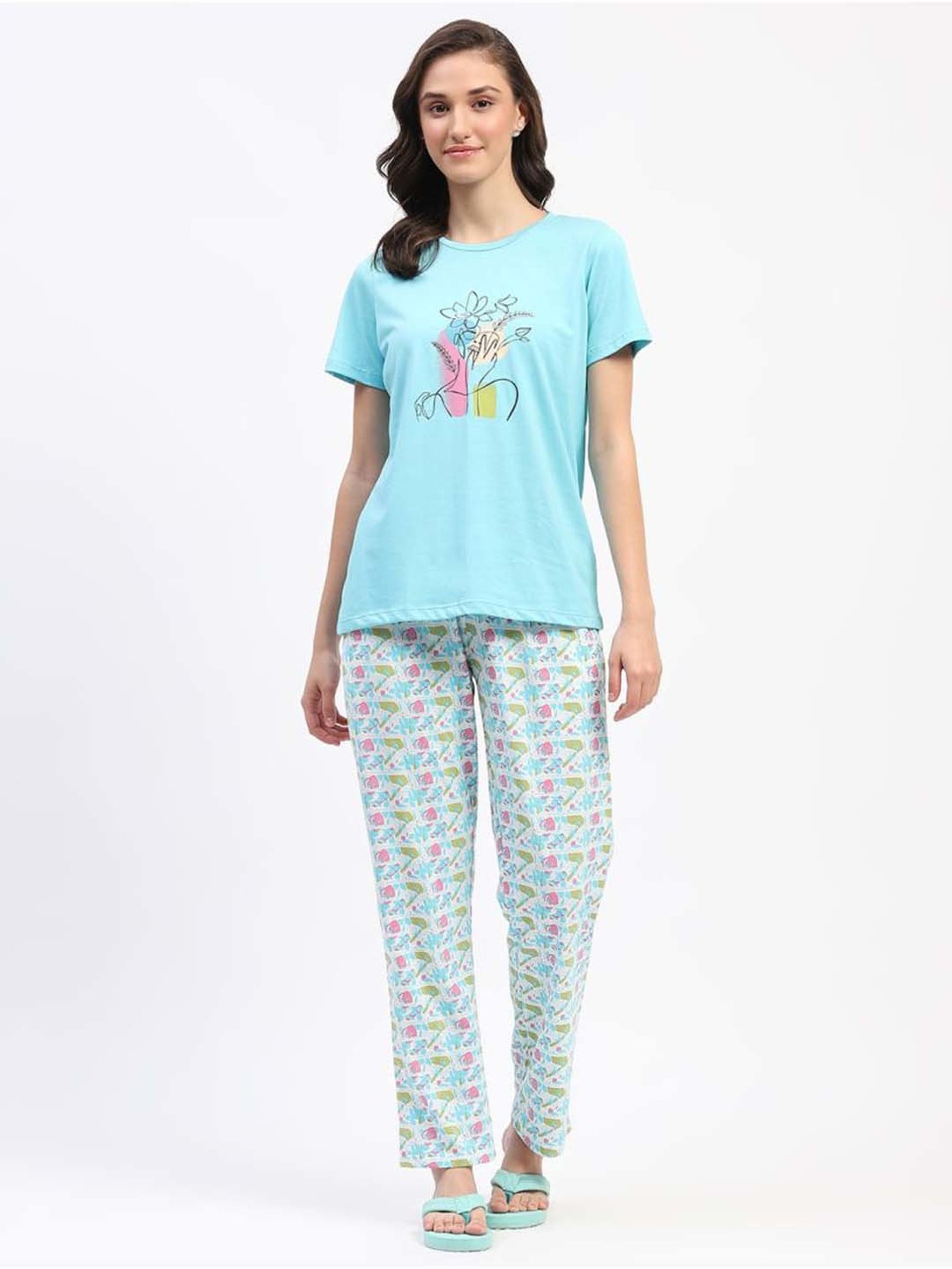 MADAME M Secret Blue Cotton Printed T-Shirt Pyjamas Set