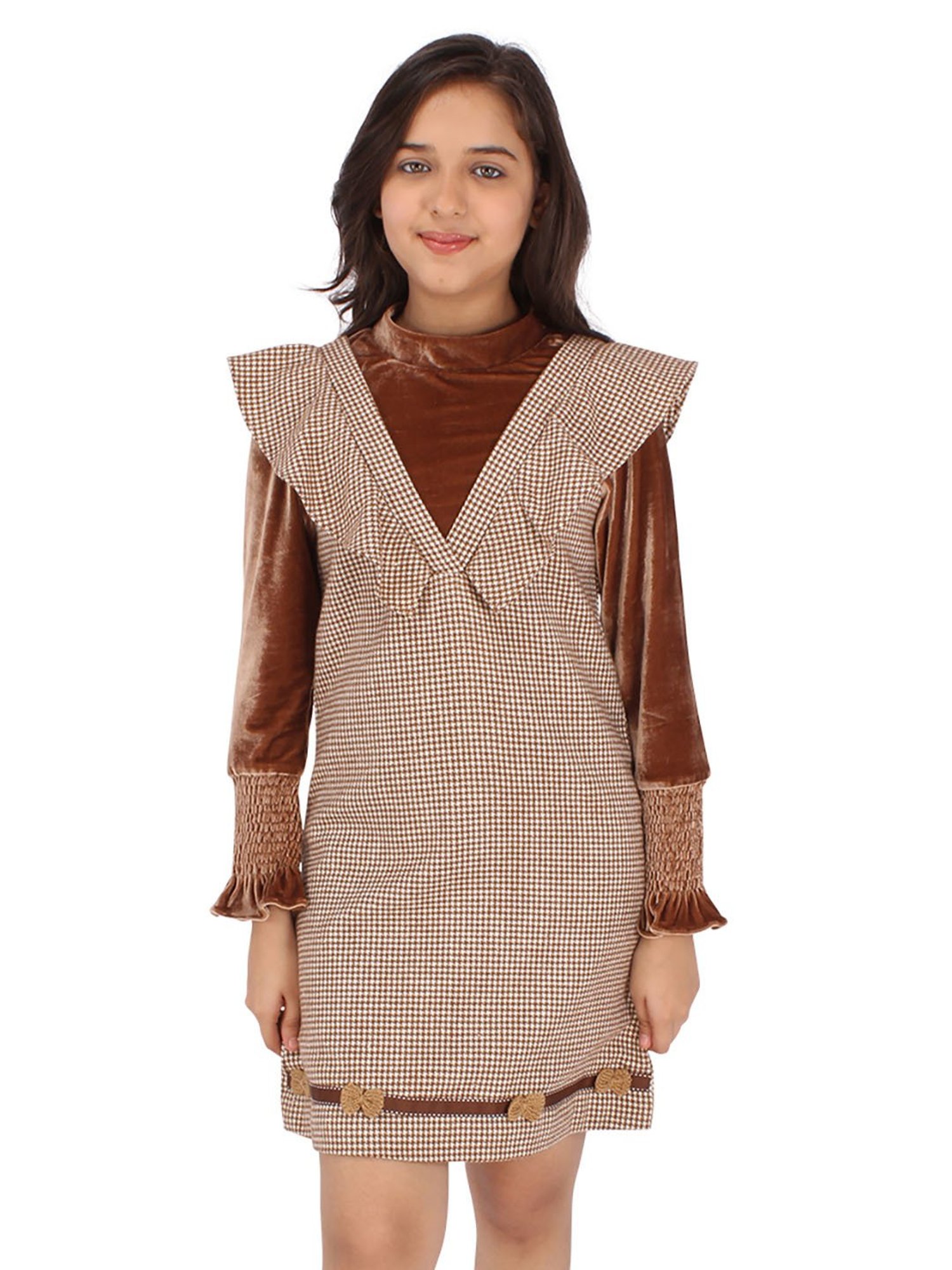 Cutecumber Kids Brown & White Printed Full Sleeves Dress