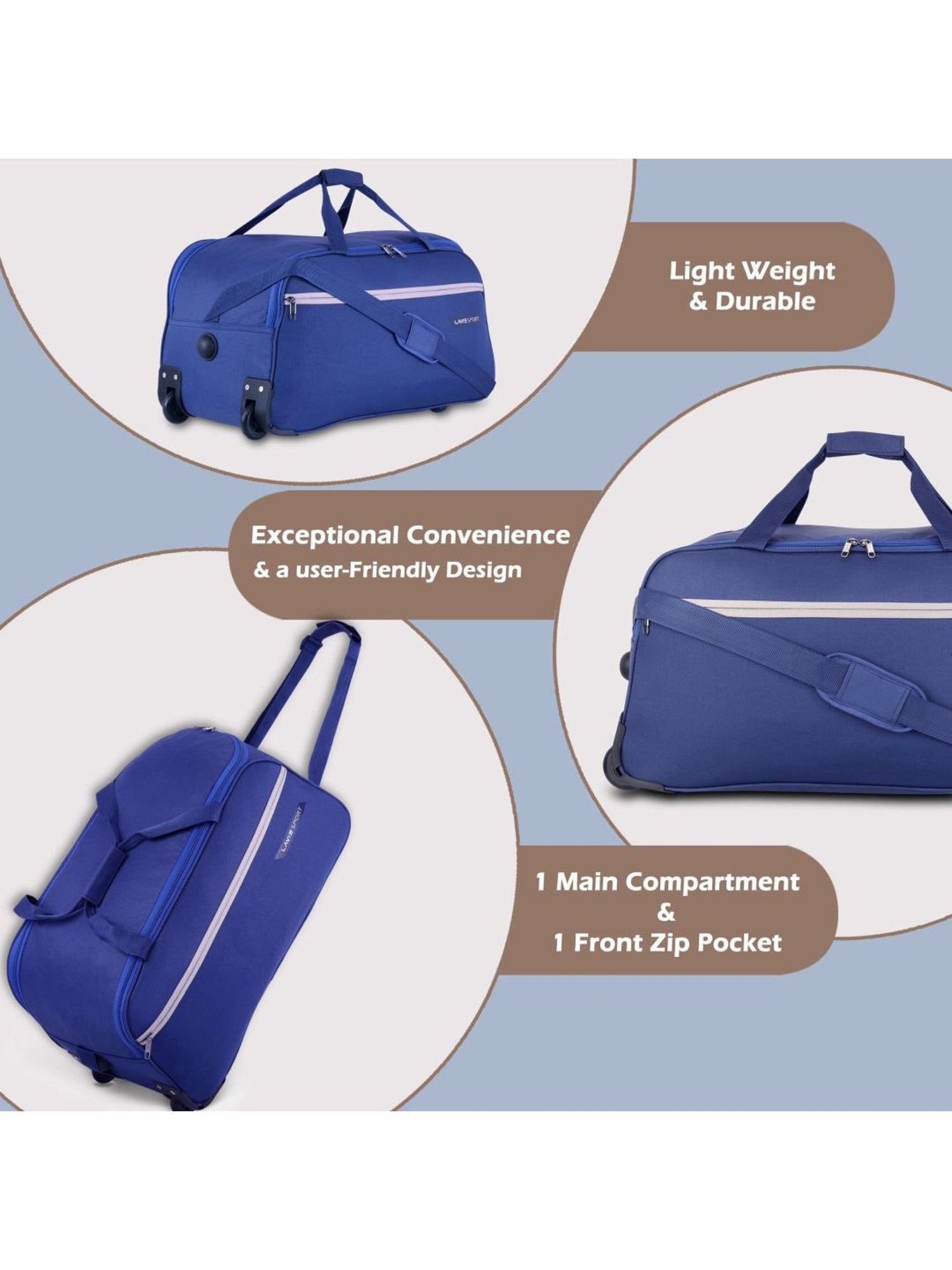 LAVIE SPORT Lino Navy 2 Wheels Medium Duffle Trolley Bag - 57 cm