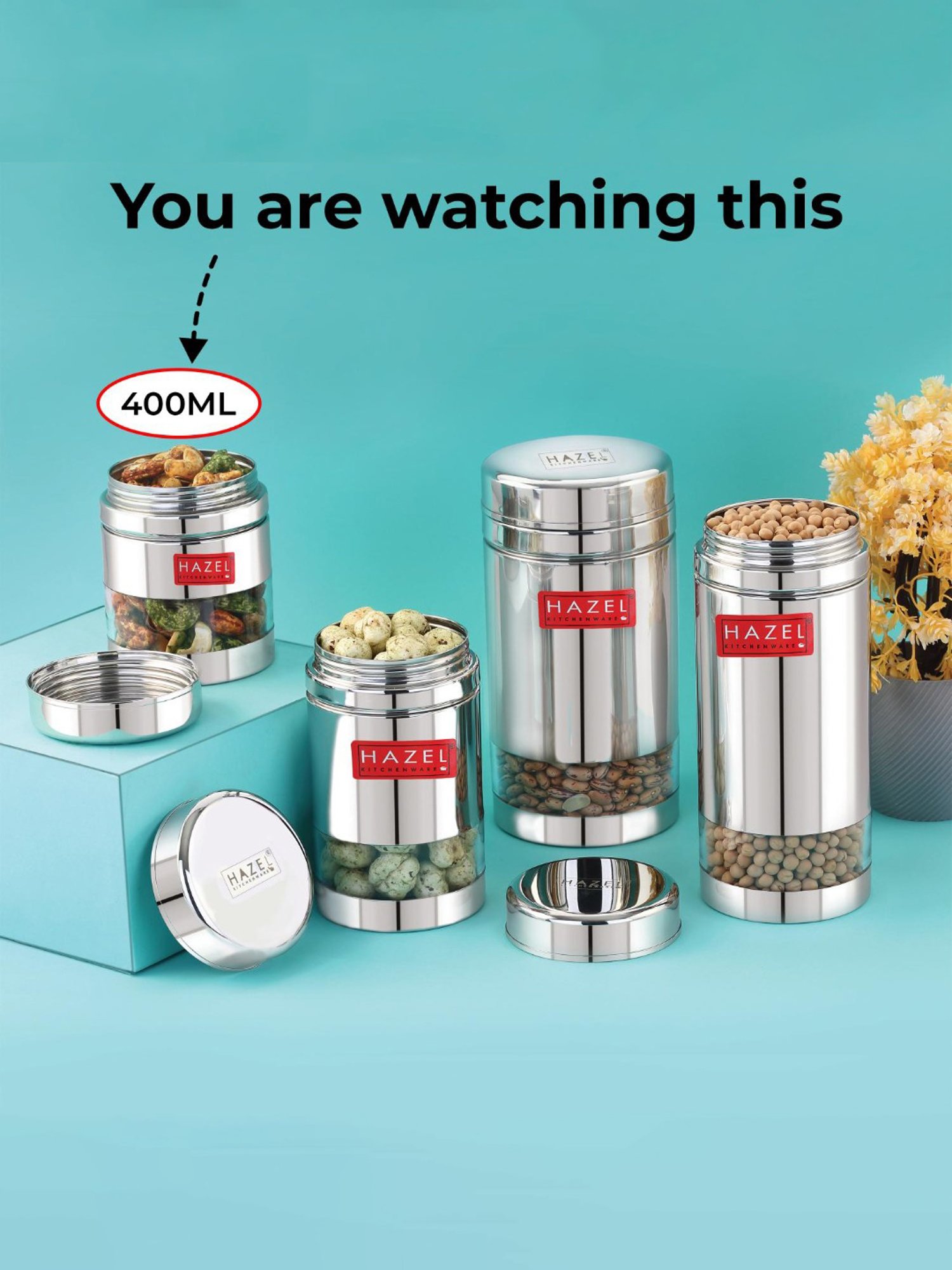HAZEL Silver Stainless Steel Transparent Air Tight Container 400 ml