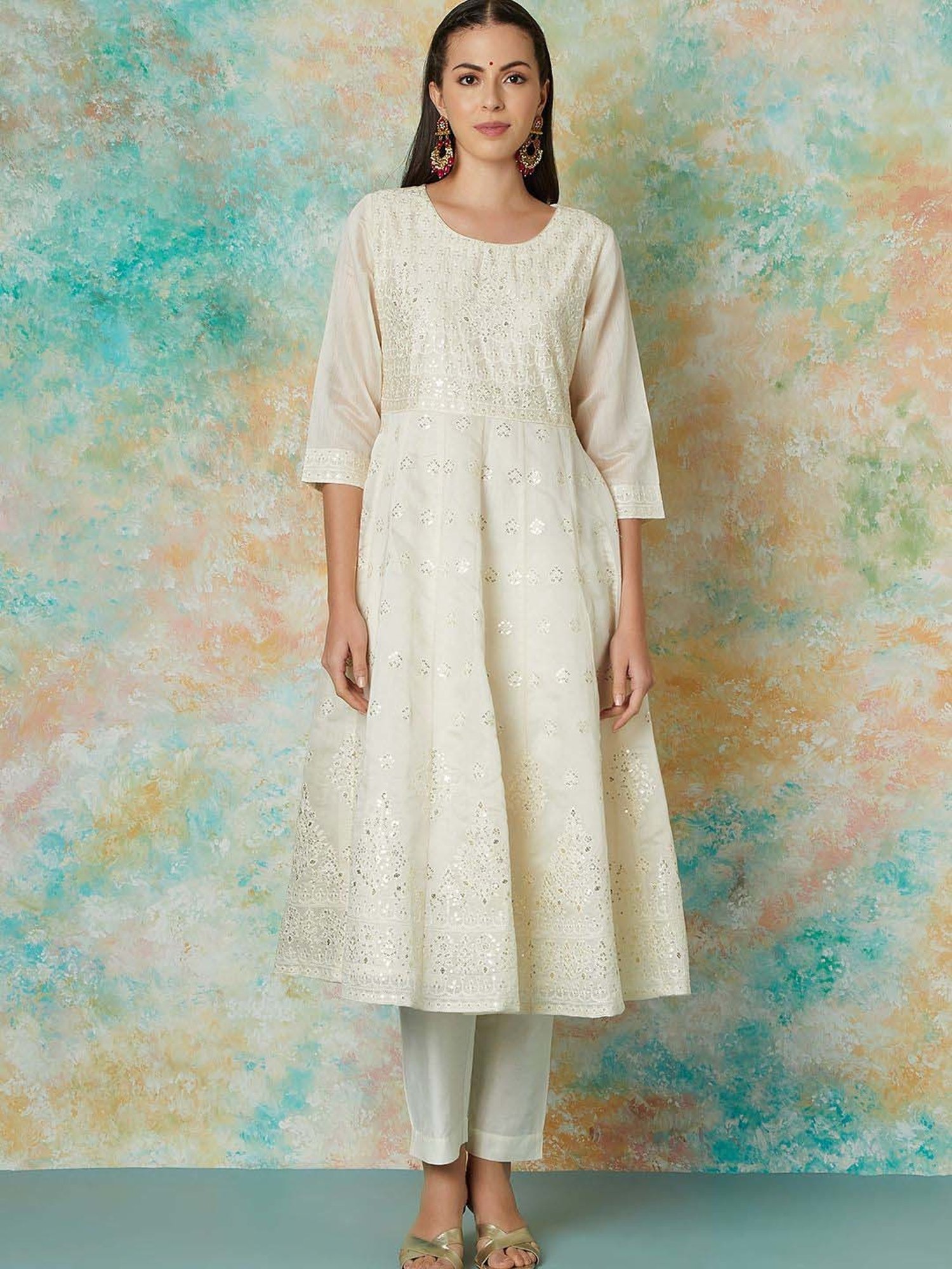 Melange by Lifestyle Off White Embroidered Kurta & Pant Set With Dupatta