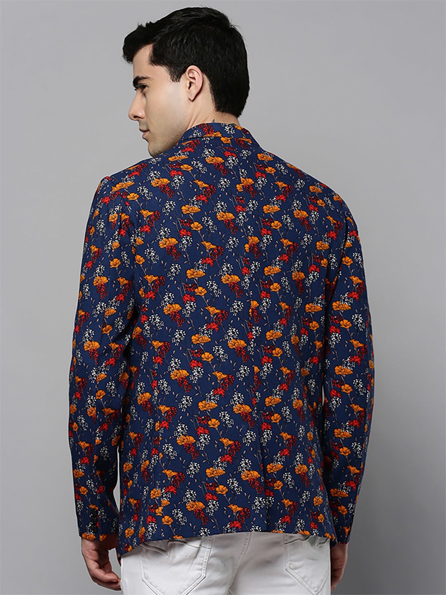 SHOWOFF Navy Blue Cotton Slim Fit Floral Print Blazer