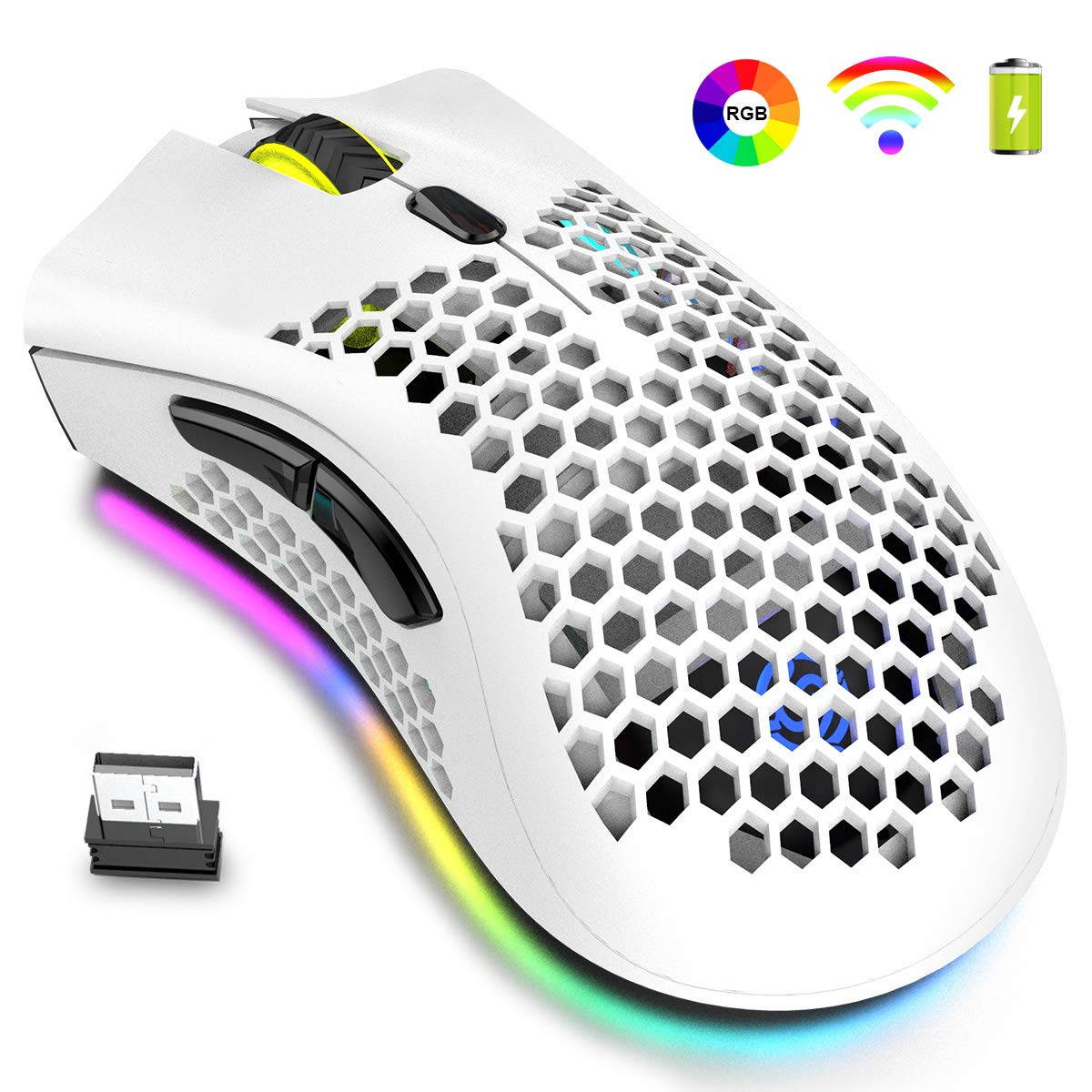 Wireless Gaming Mouse Rechargeable USB PC Gaming Mouse RGB Backlit Mouse Ergonomic Optical Mice W/Honeycomb Shell for PC Computer Laptop