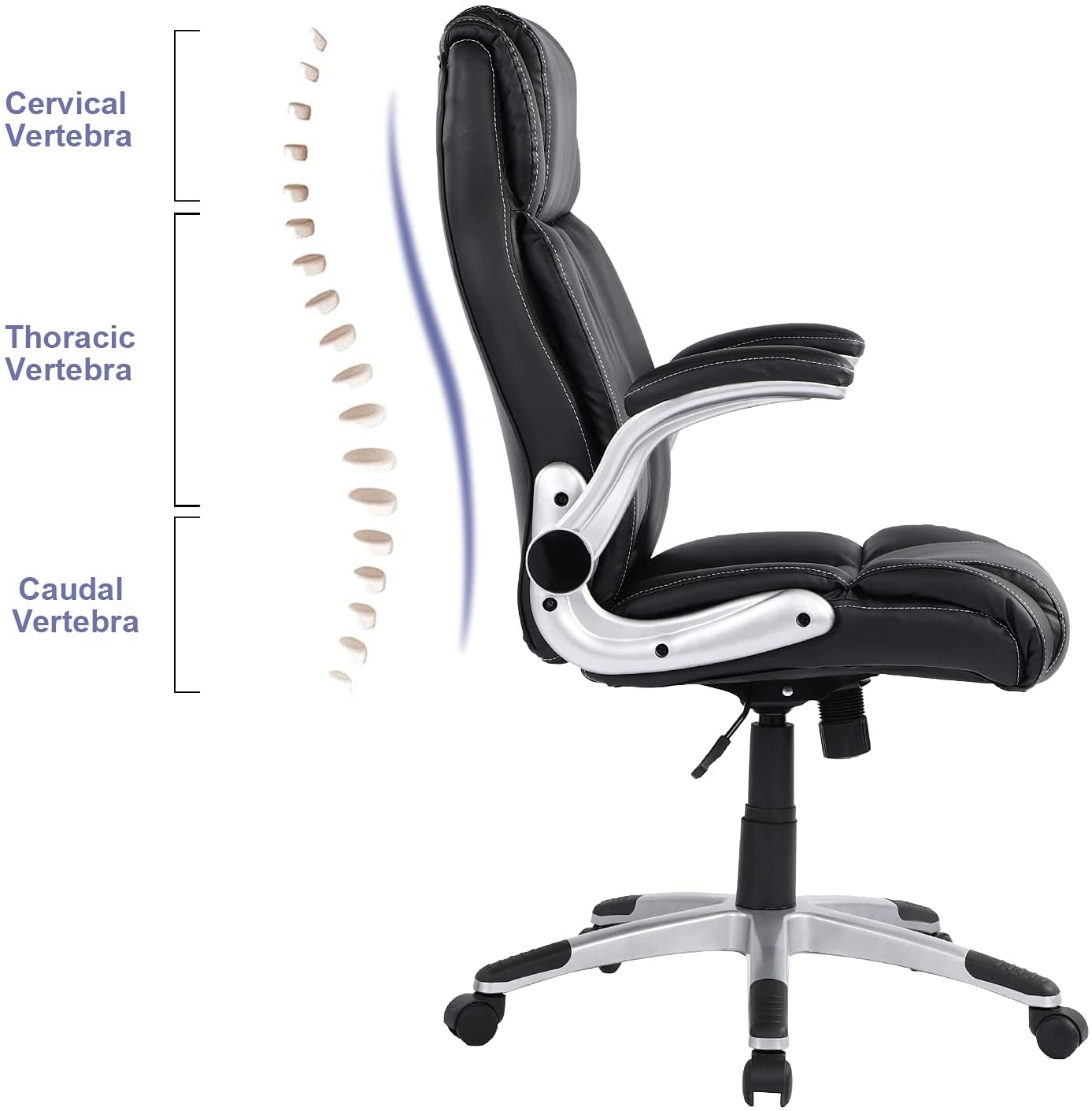 Executive Office Chair Ergonomic Leather Desk Chair with Flip-up Arms Double Padded Seat Cushion and Adjustable Tilt Angle Lumbar Support Office Chair for Home Office Work(9139 Black)