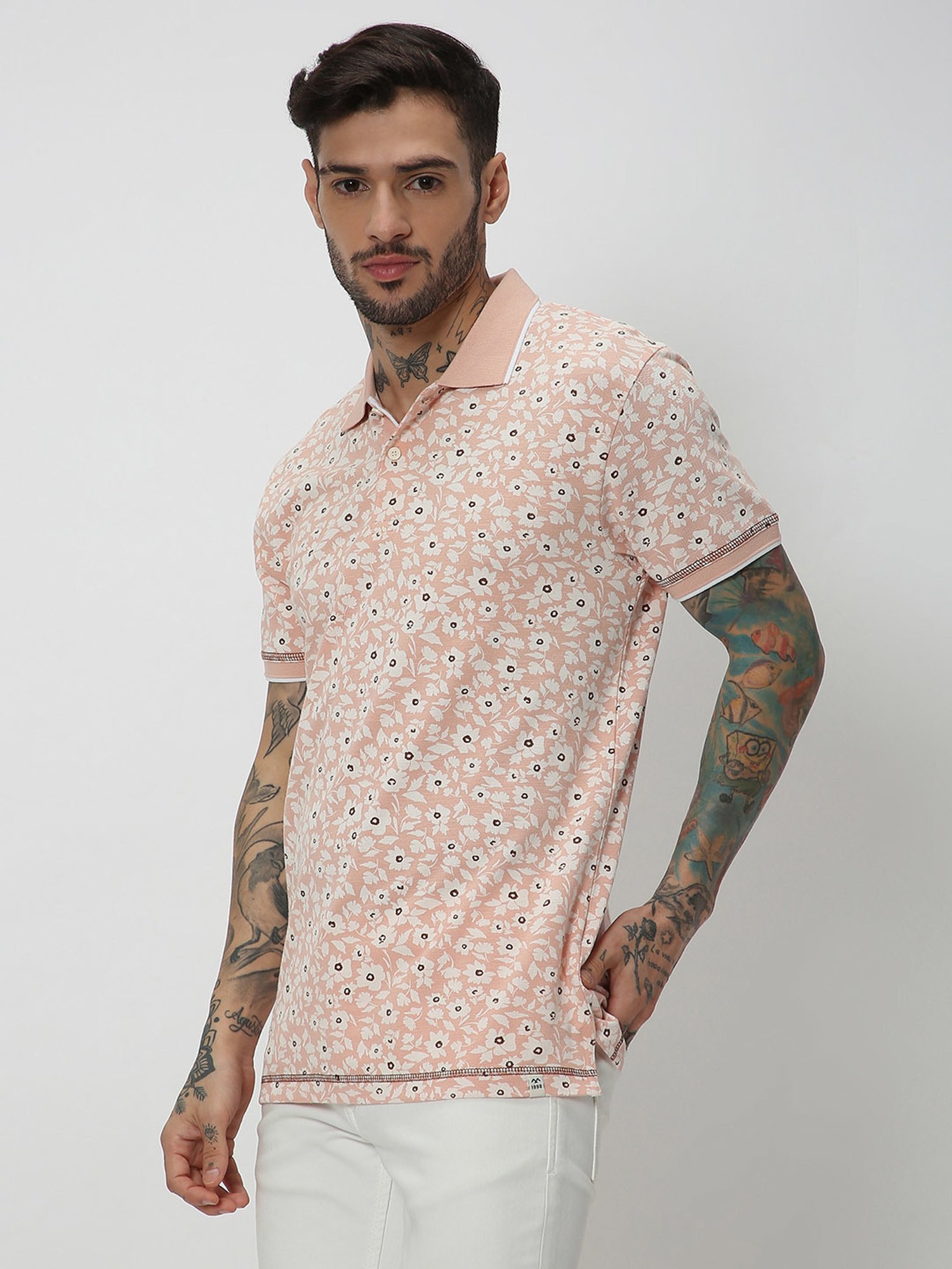 Mufti Peach Slim Fit Floral Print Cotton Polo T-Shirt