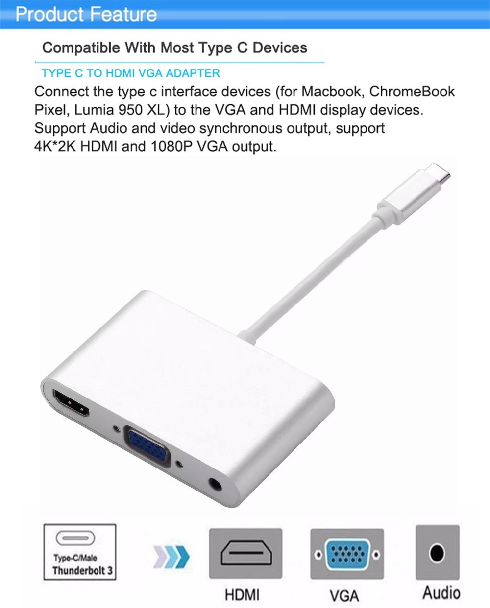 3in1 USB C HUB Type-C  to HDMI VGA Audio Dock, Support 4K HDMI Video Output USB-C Thunderbolt 3 for MacBook, ChromeBook, Galaxy S8/S8+/S9/S9+/S10/S10+/S20/Note8/Note9/Note10.