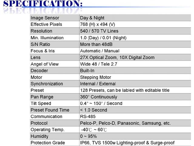 540/570 TV Lines 270x Zoom High Speed Day & Night PTZ Camera ( 24V AC, Power Adapter Included )