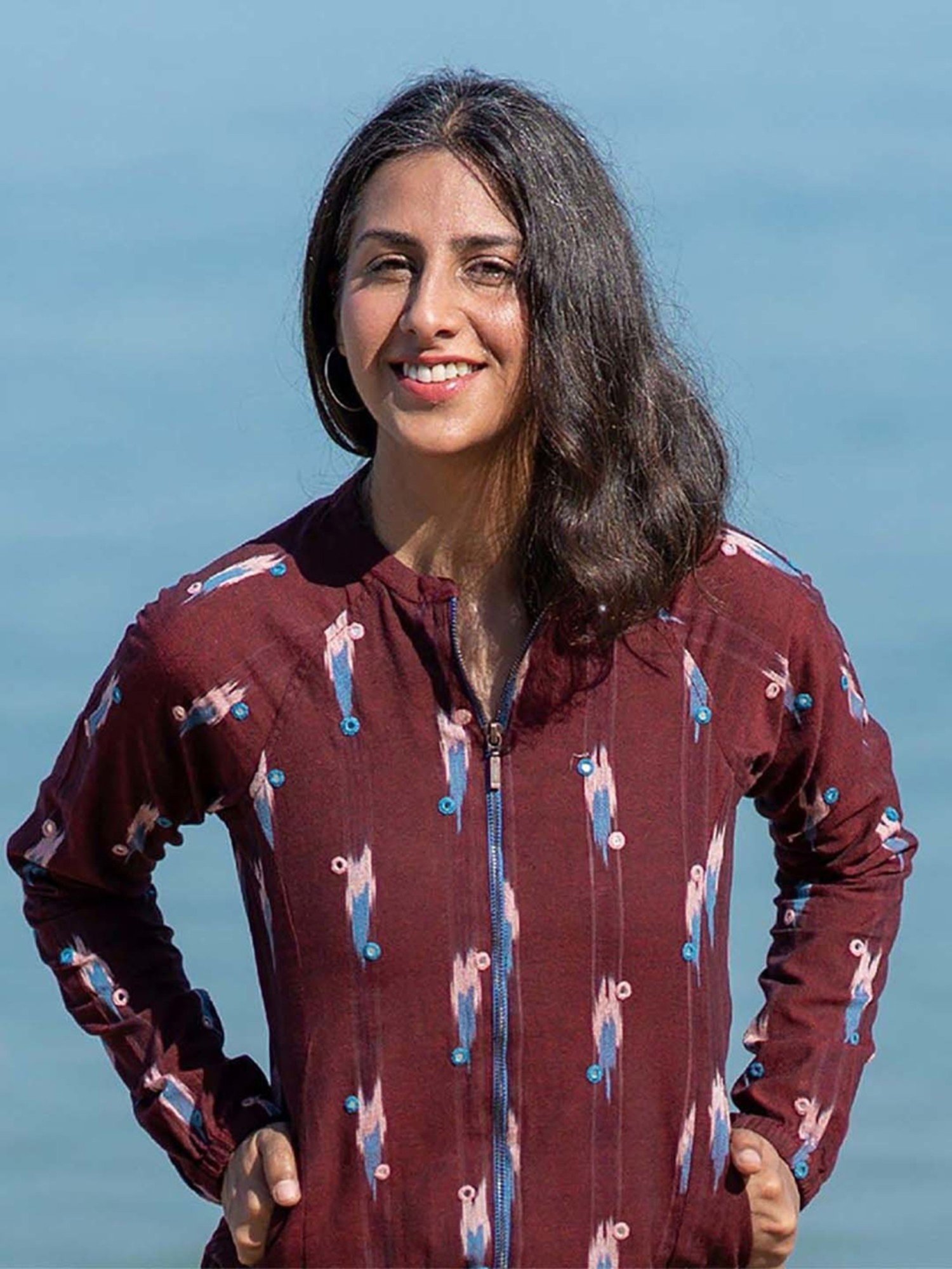 Okhai Mahogany Maroon Pure Cotton Hand Embroidered Bomber Jacket