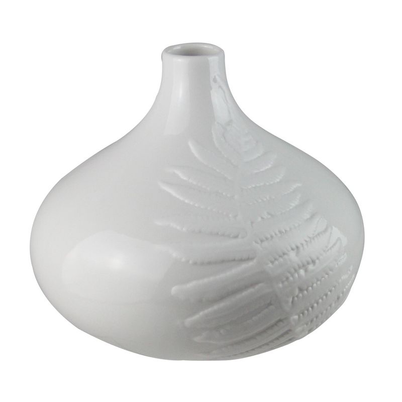 Kaemingk 8.75" White Porcelain Flower Vase with Fern Leaf Relief