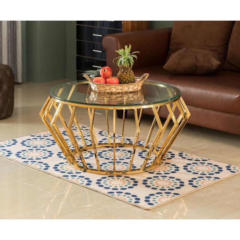 Bold Tones Round Shaped Glass Gold Stainless Steel Metal Modern Coffee Table