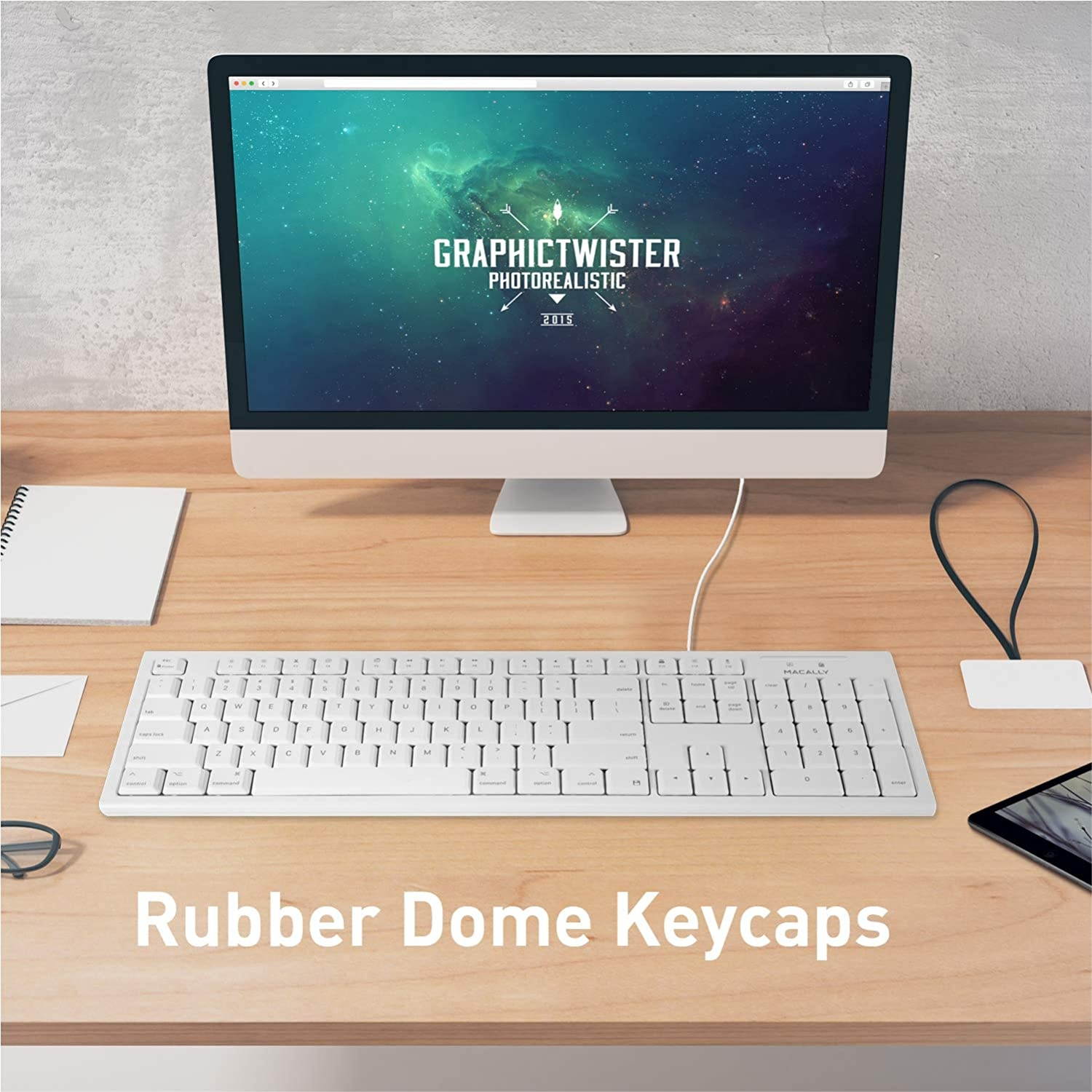 Macally Full-Size USB Wired Keyboard for Mac Mini/Pro, iMac Desktop Computer, MacBook Pro/Air Desktop w/ 16 Compatible Apple Shortcuts, Extended with Number Keypad, Rubber Domed Keycaps - Spill Proof