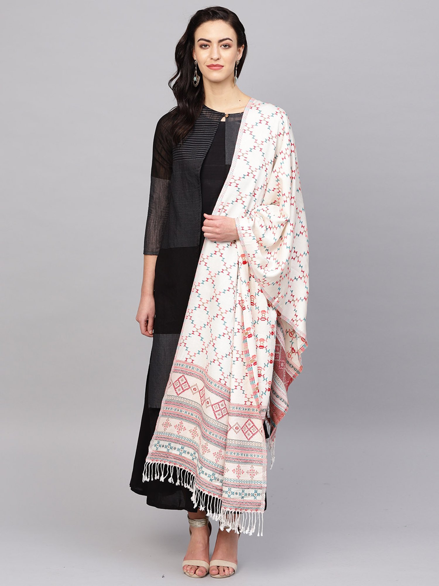 Indo Era White Woven Pattern Stole