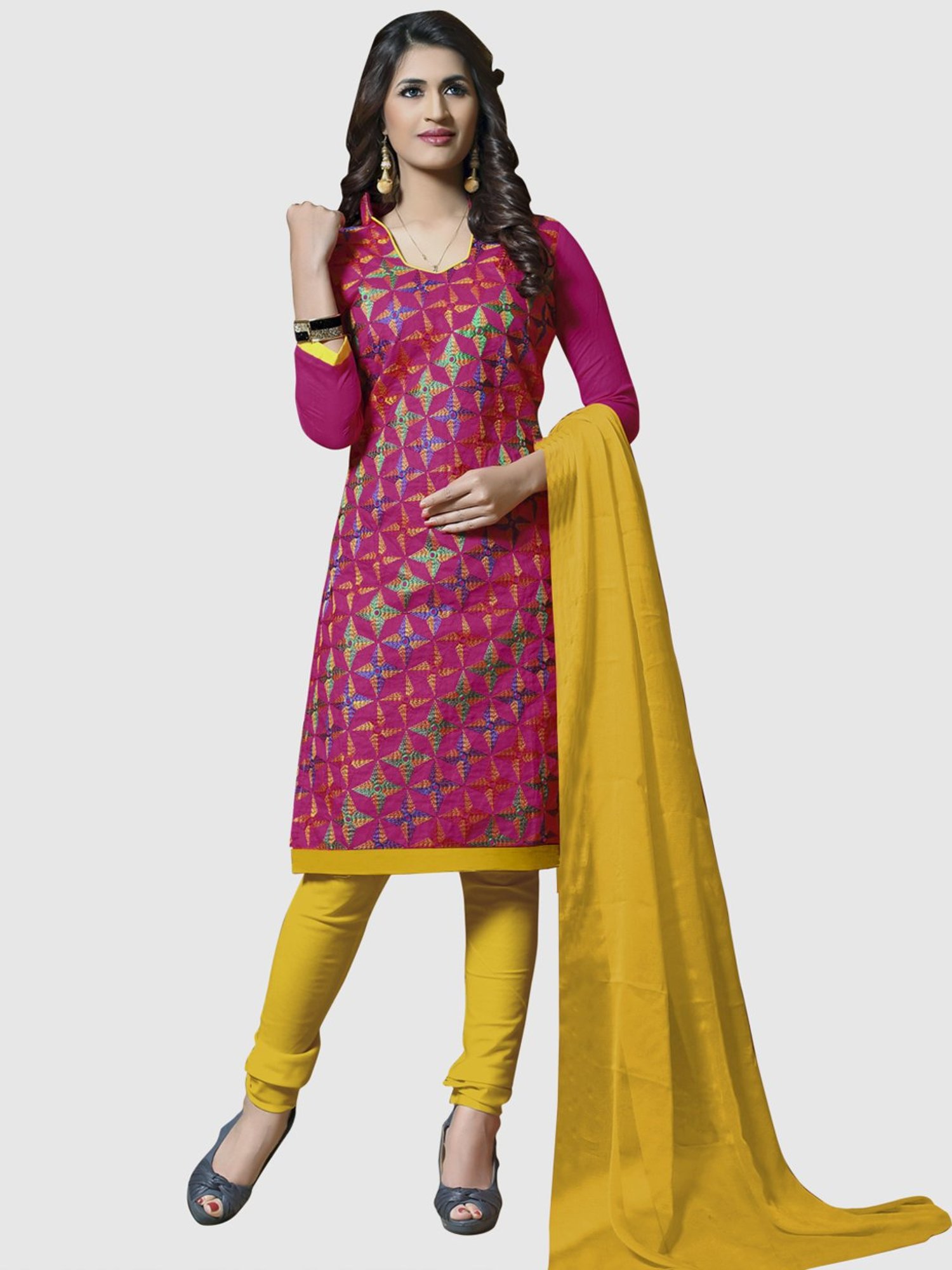 APNISHA Pink & Yellow Embroidered Unstitched Dress Material