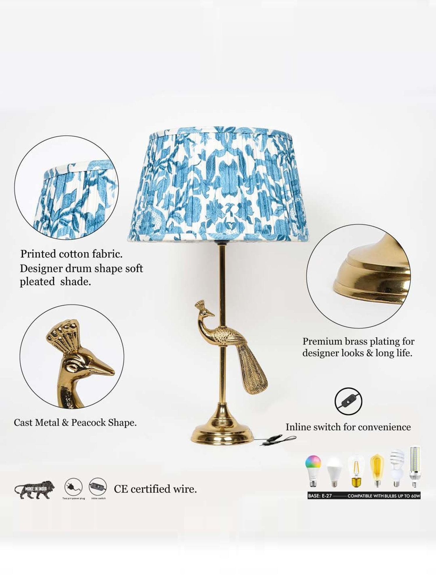 Kapoor Lamp Shades Aluminium Torre Brass Finish Table Lamp With Printed Cotton Shade