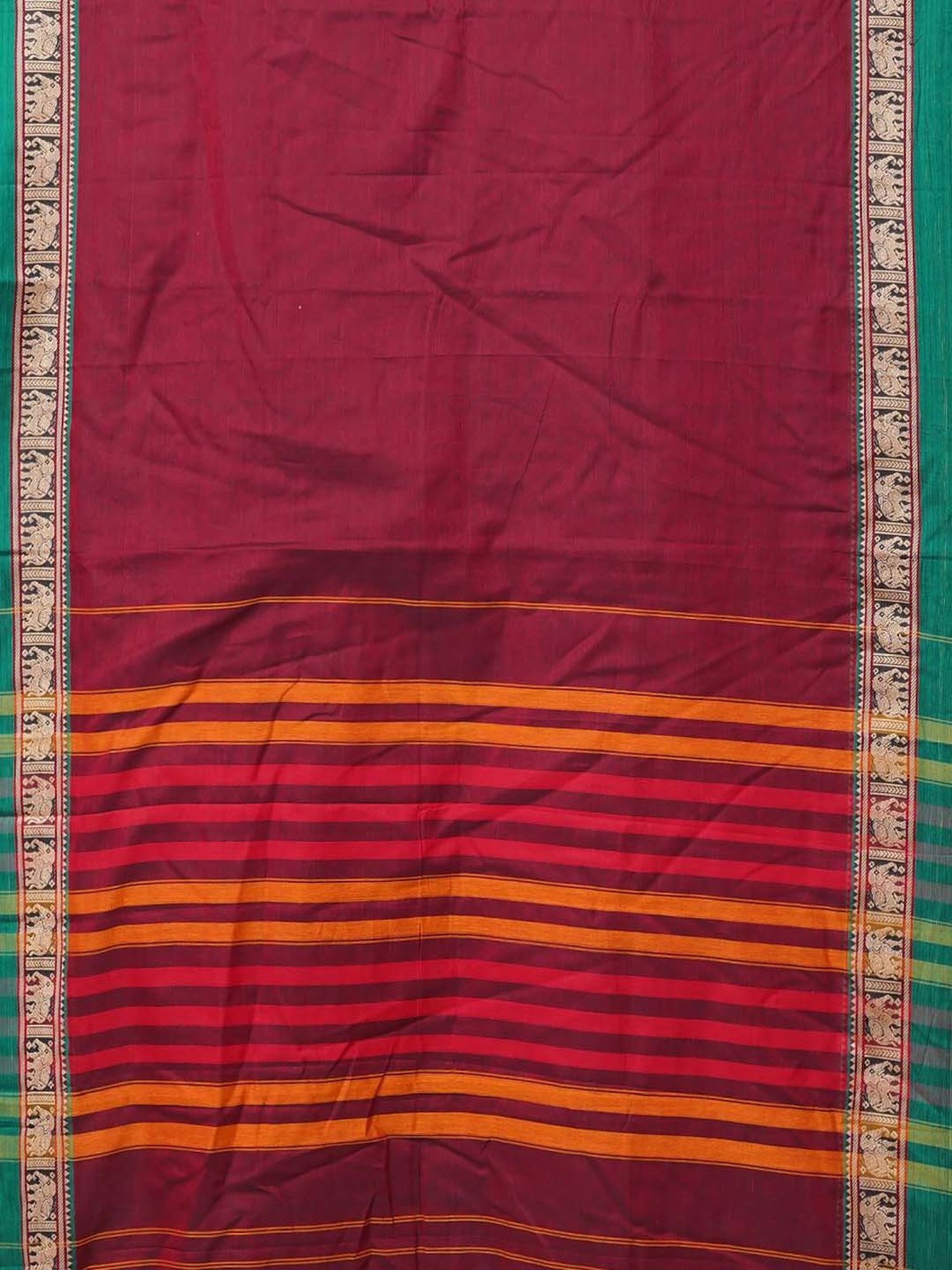 Unnati Silks Red & Green Cotton Woven Saree With Unstitched Blouse
