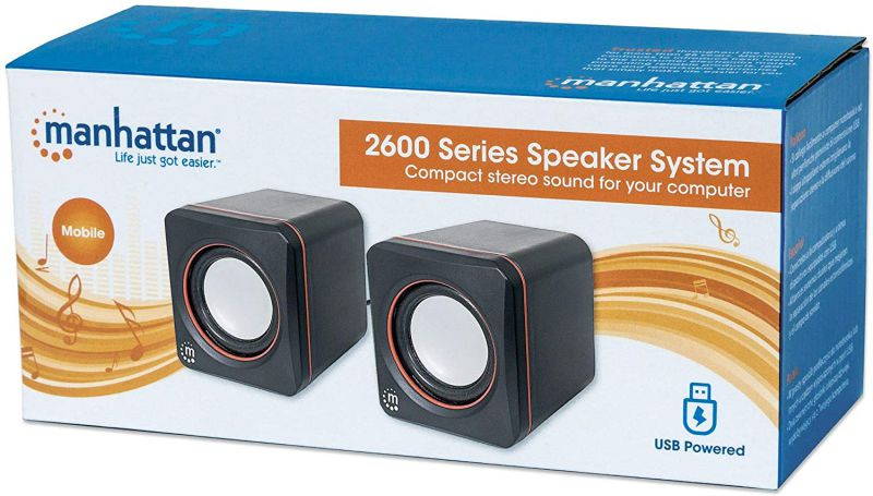 Manhattan USB Stereo Speaker System with 3.5 mm Audio Plugs to Connect to a Laptop, Notebook or Desktop Computer, Volume Controller, Black with Orange Highlights