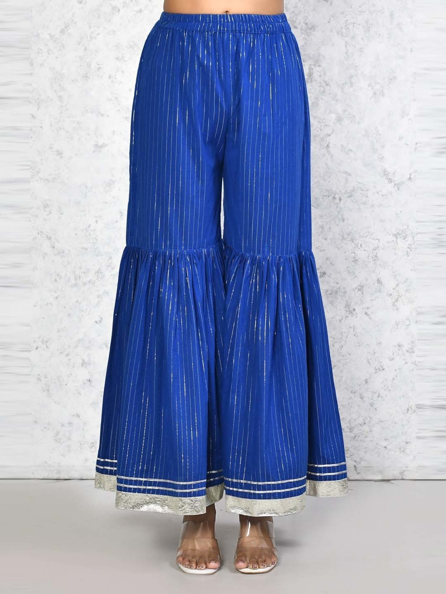 Miravan Blue Cotton Striped Kurta Sharara Set