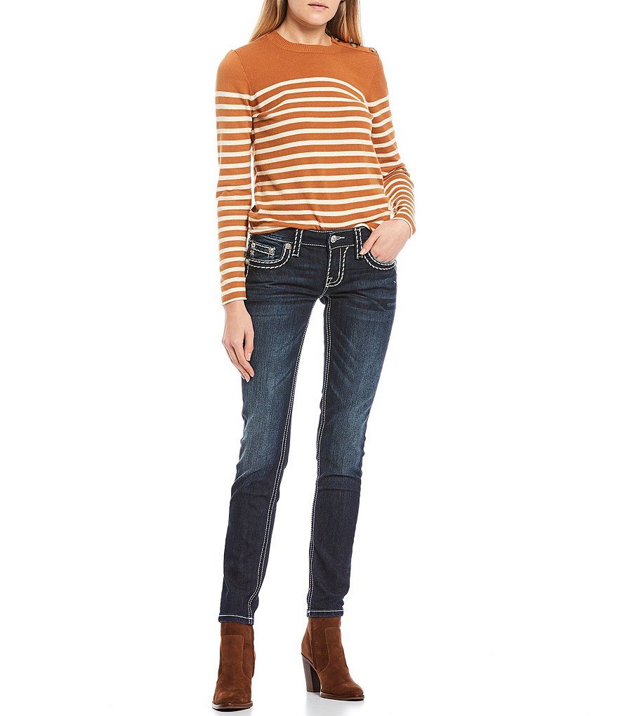 Miss Me Loose Saddle Border Stitch Flap Pocket Mid Rise Skinny Jeans