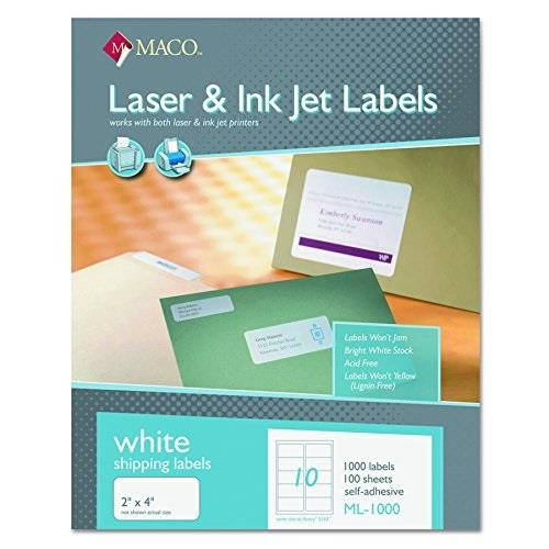 maco ml1000 white laser/inkjet shipping & address labels, 2 x 4 box of 1000