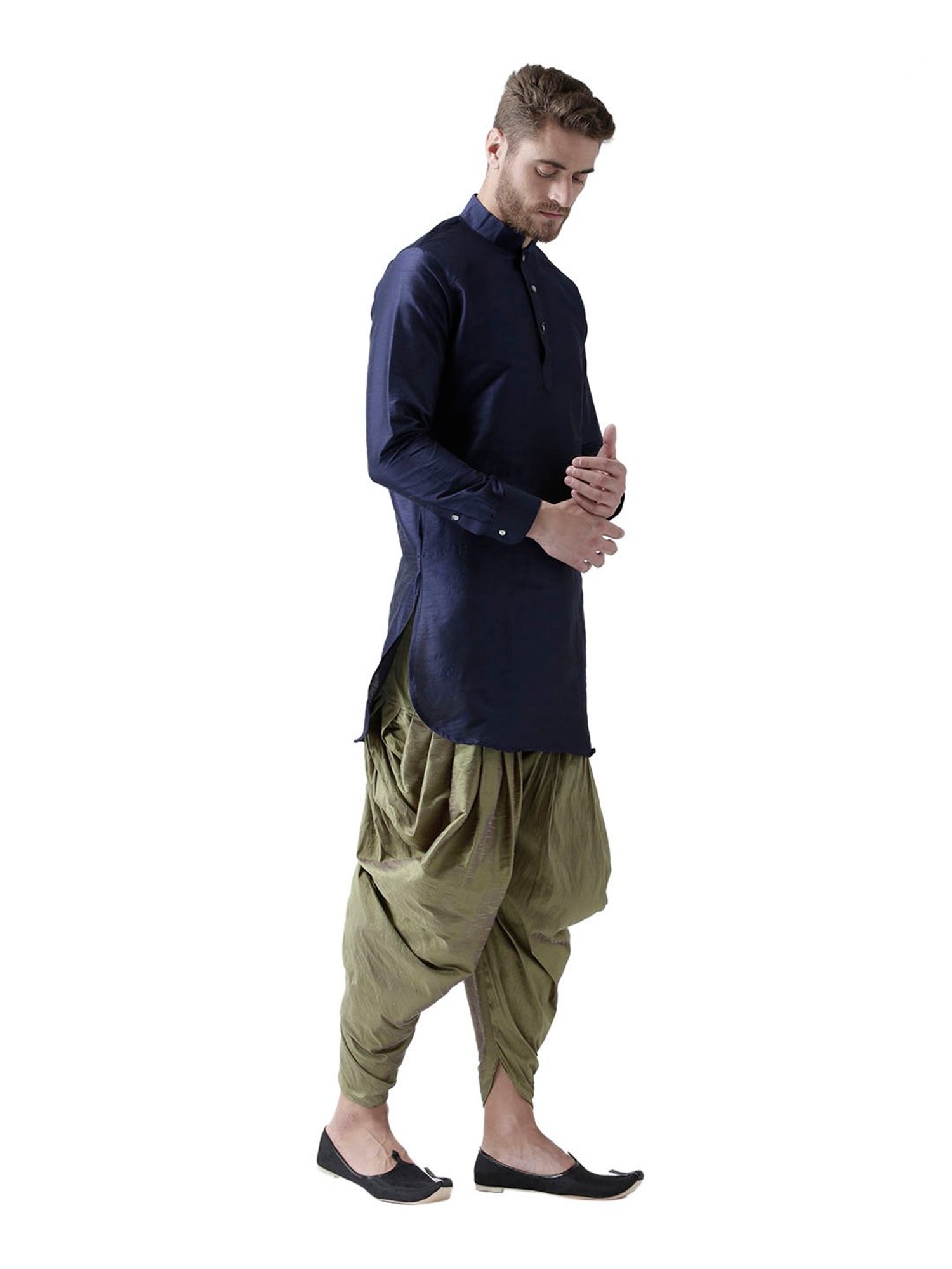 Deyann Navy & Green Mandarin Collar Silk Kurta Set