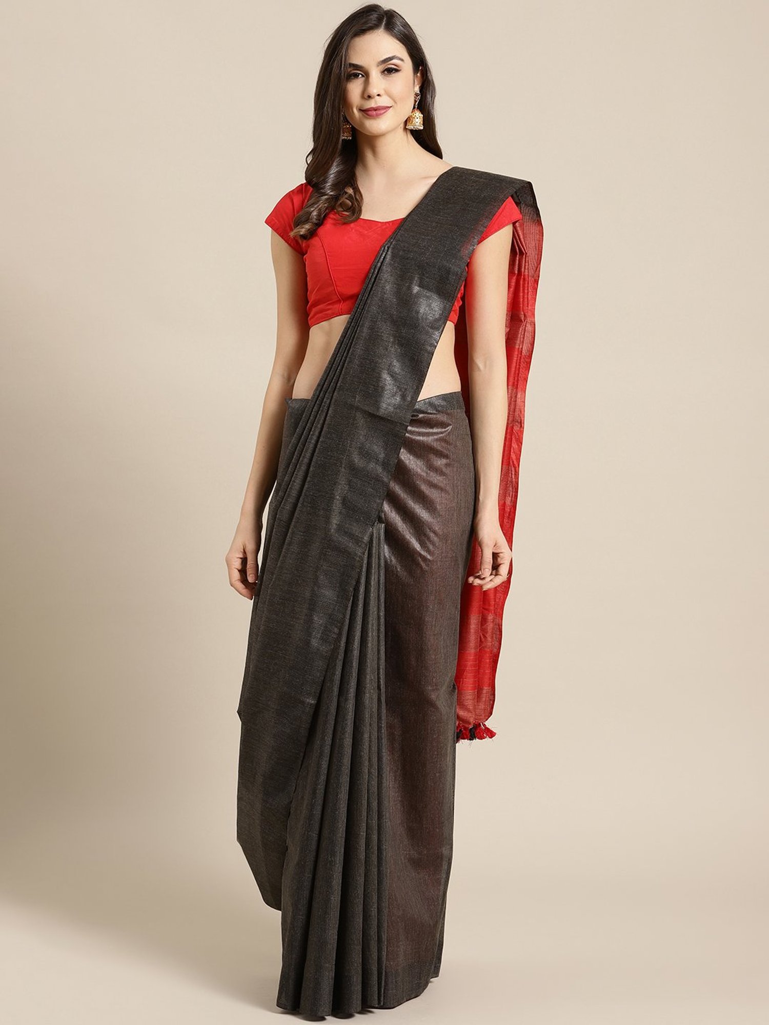 Kalakari India Charcoal Saree With Unstitched Blouse
