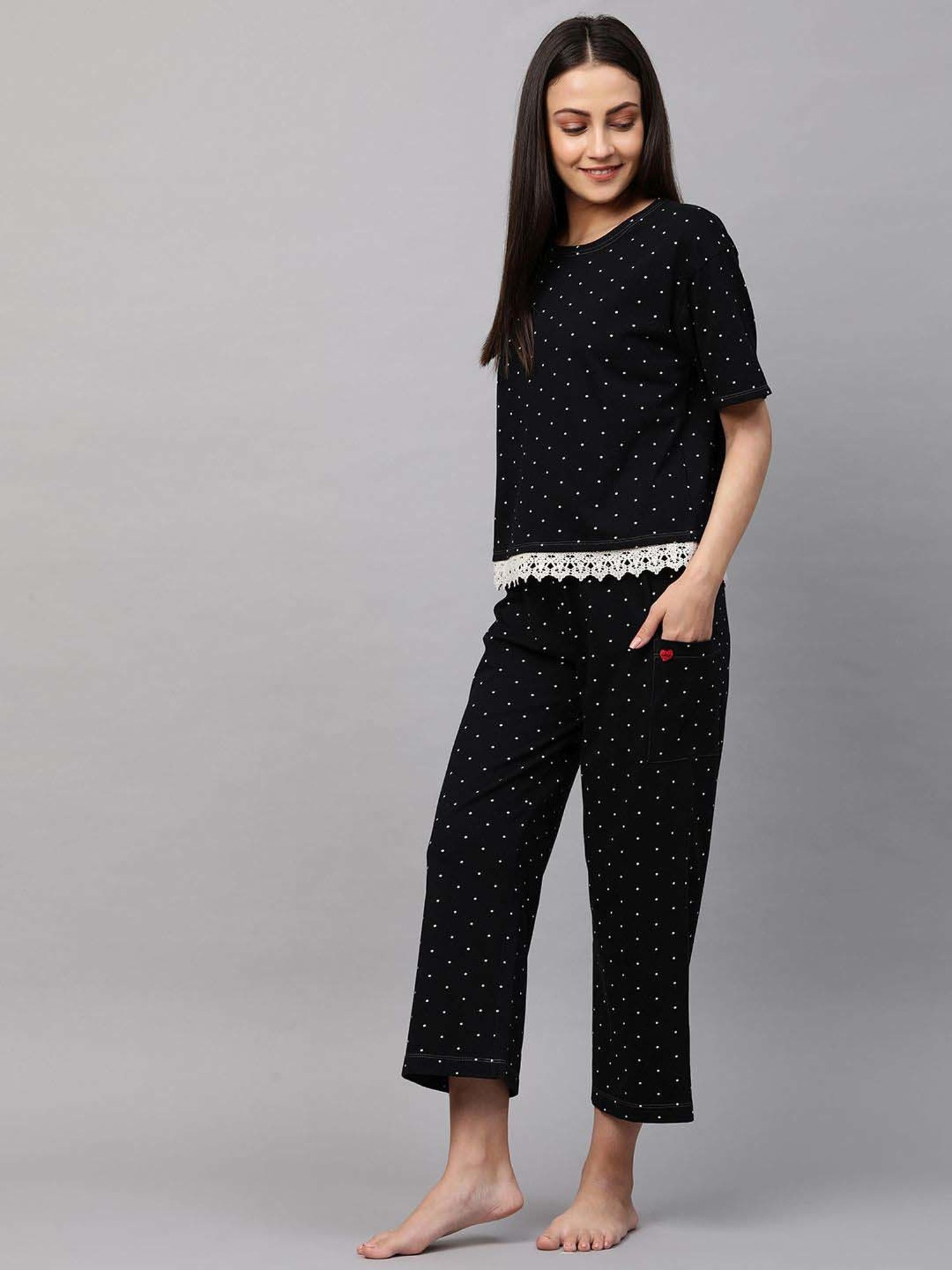 Chemistry Black Cotton Printed T-Shirts Pyjama Set